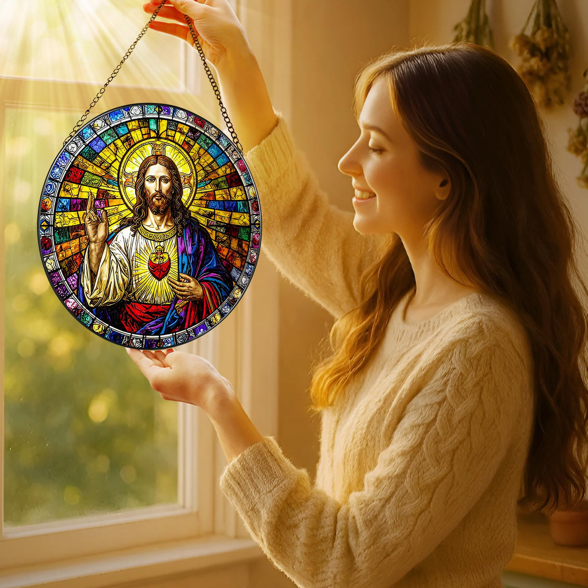 LAOWEIKI 8'' Sacred Heart of Jesus Stained Glass Suncatcher, Stained Glass Window Hanging, Religious Ornament, Christian Home Decor, Gifts for Christmas, Christian Gift, Religious Gift