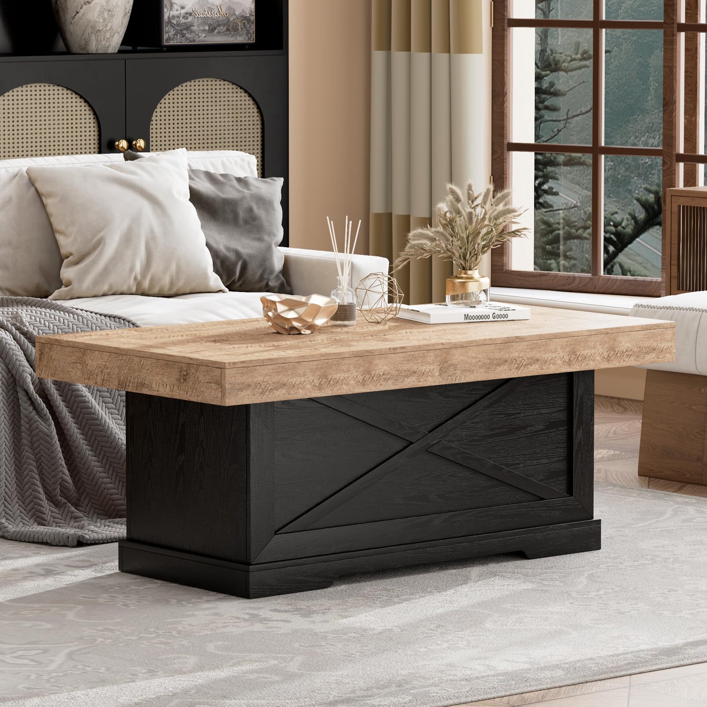 Lareth Coffee Table 39 in Rustic Center Table with X-Design Wooden Pedestal for Living Room, Space Saving, Rectangle Home Office Tea Accent Table for Apartment, Dark Oak Black