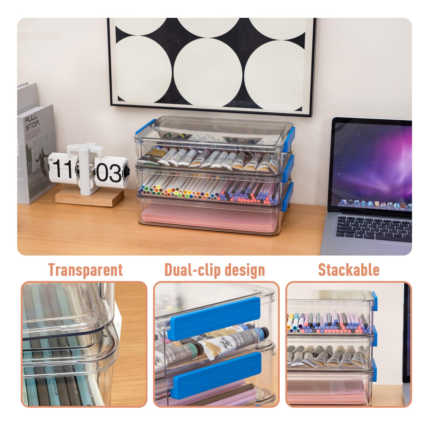 Citylife 6 Qt 9 x 13 Plastic Storage Bins with Lids and Latches, Portable Project Case for Drawers, Clear Stackable File Box for Organizing A4 Paper, Letters, Documents, Art Supplies, and Crafts