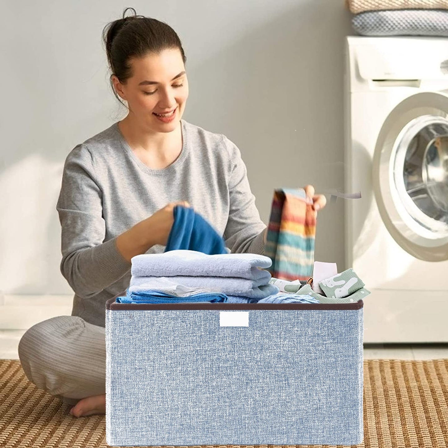 Bagnizer Foldable Storage Bins with Lids, Decorative Storage Baskets, Large Storage Boxes for Home, Office, Bedroom, Closet, Blue, Medium, 4 Pack 14.6 x 9.5 x 9.5”