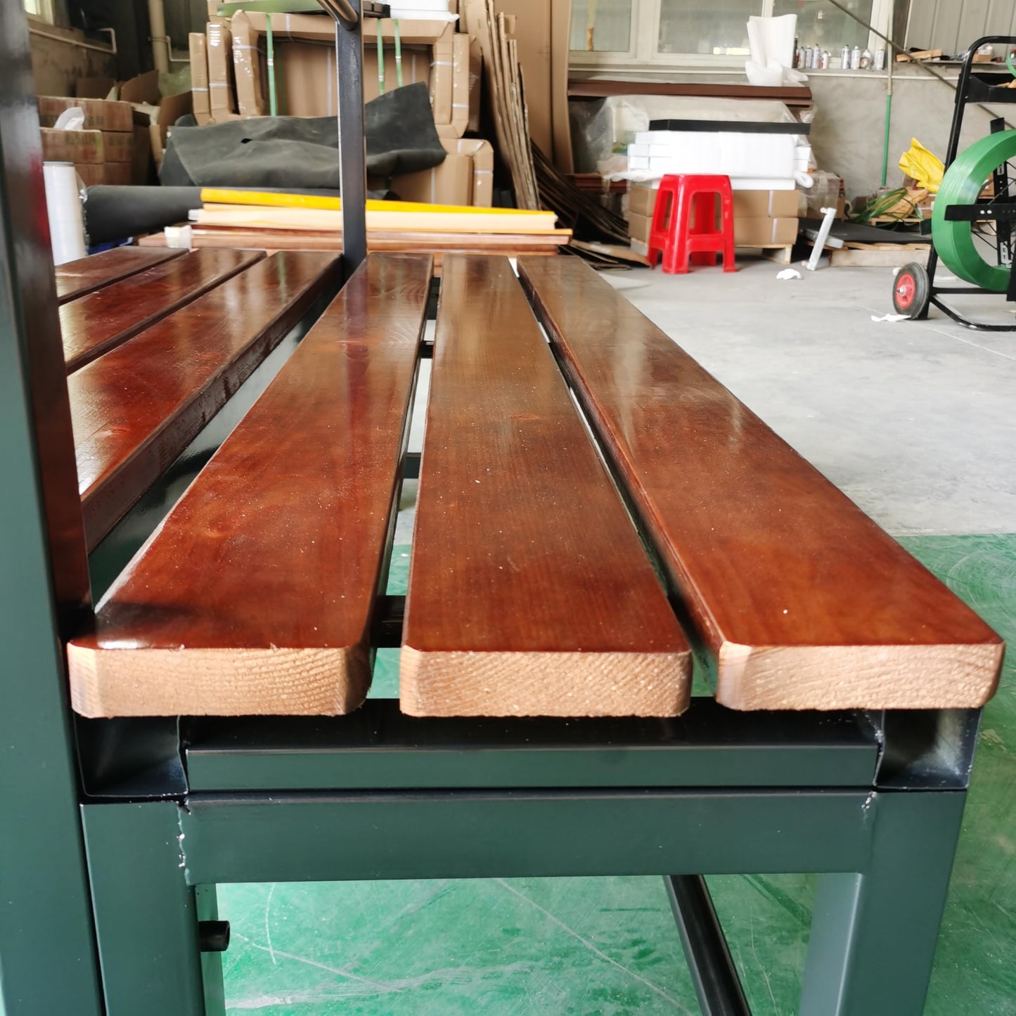 Industrial Locker Room Bench with Storage Rack, Double-Sided Wood Slat Seating, Black Metal Frame