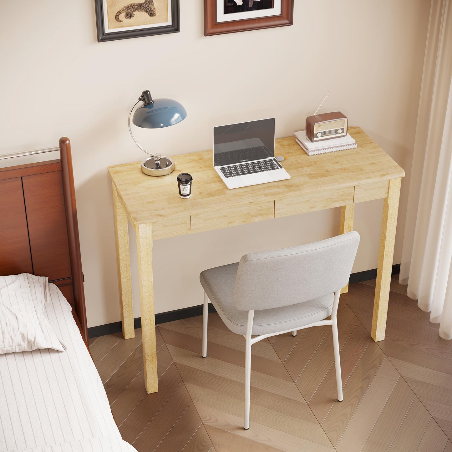 Love-KNPTUS Solid Wood Desk with Drawers - 39" Narrow Desks for Small Spaces, Mid Century Modern Desks, Small Wooden Vintage Computer Writing Desk, Study Table for Home Office Bedroom, Natural