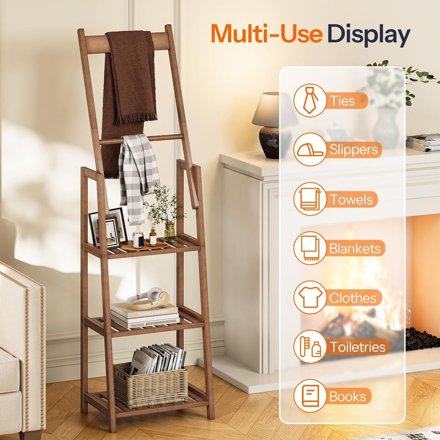 HOOBRO 3 Tier Ladder Shelf, Blanket Ladder, Bookcase Storage Rack Organizer, Bamboo Storage Shelf, Freestanding Shelving Unit, Farmhouse Ladder Rack for Living Room and Bedroom, Mocha MA123CJ01