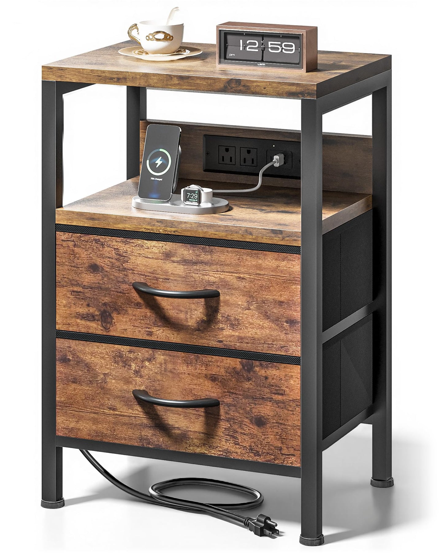 Lazzanto NightStand Bedside Charging Table Bedroom - Brown Night Stand with Charger Station, Modern Bed Side End Table with Open Shelf & 2 Fabric Drawers, USB-C Port for Dorm, Living Room