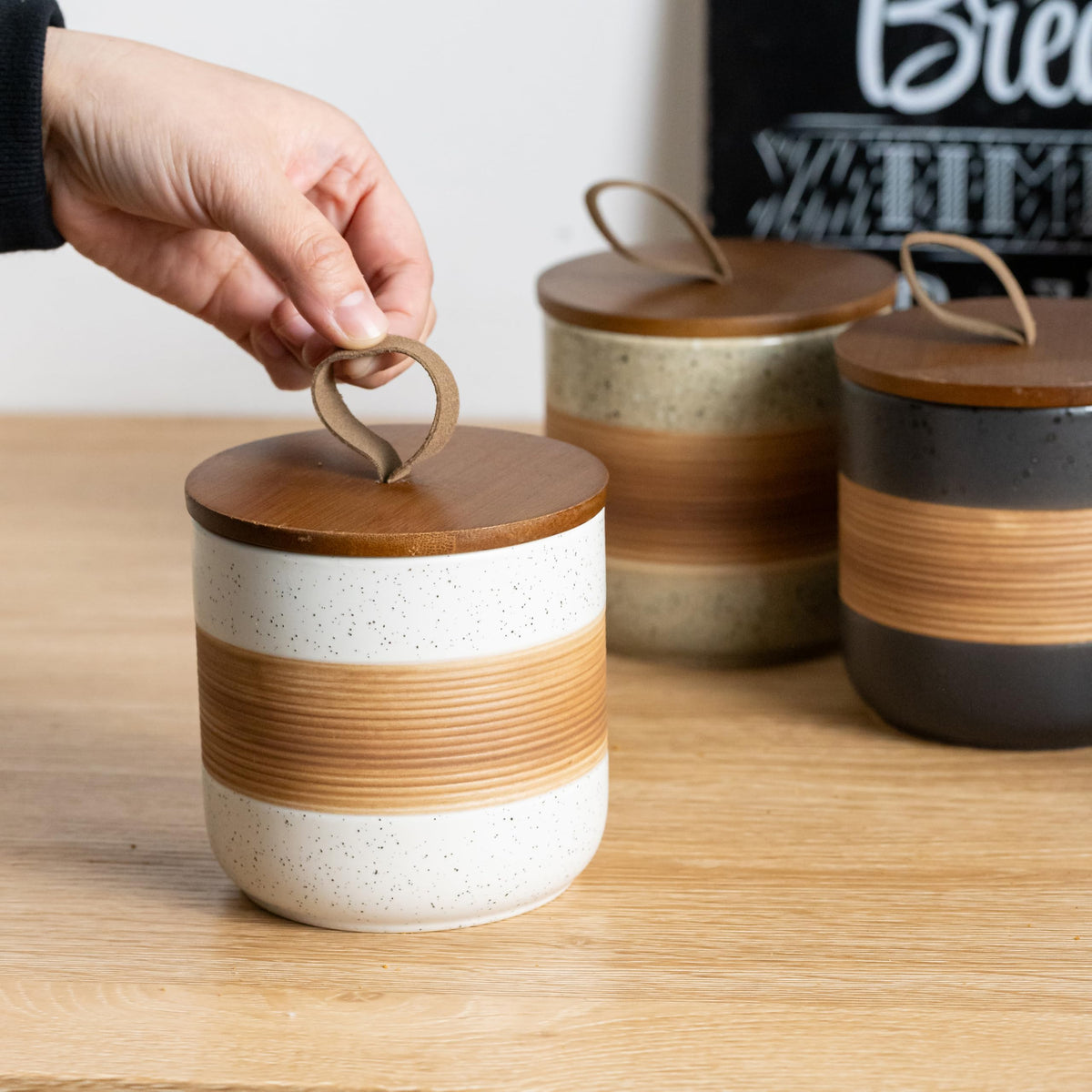 Miamolo Ceramic Jar with Lid, Coffee Container Kitchen Food Storage Jars for Spice Sugar Tea Bag, Stackable Decorative Jars for Countertop, White & 18 fl.oz