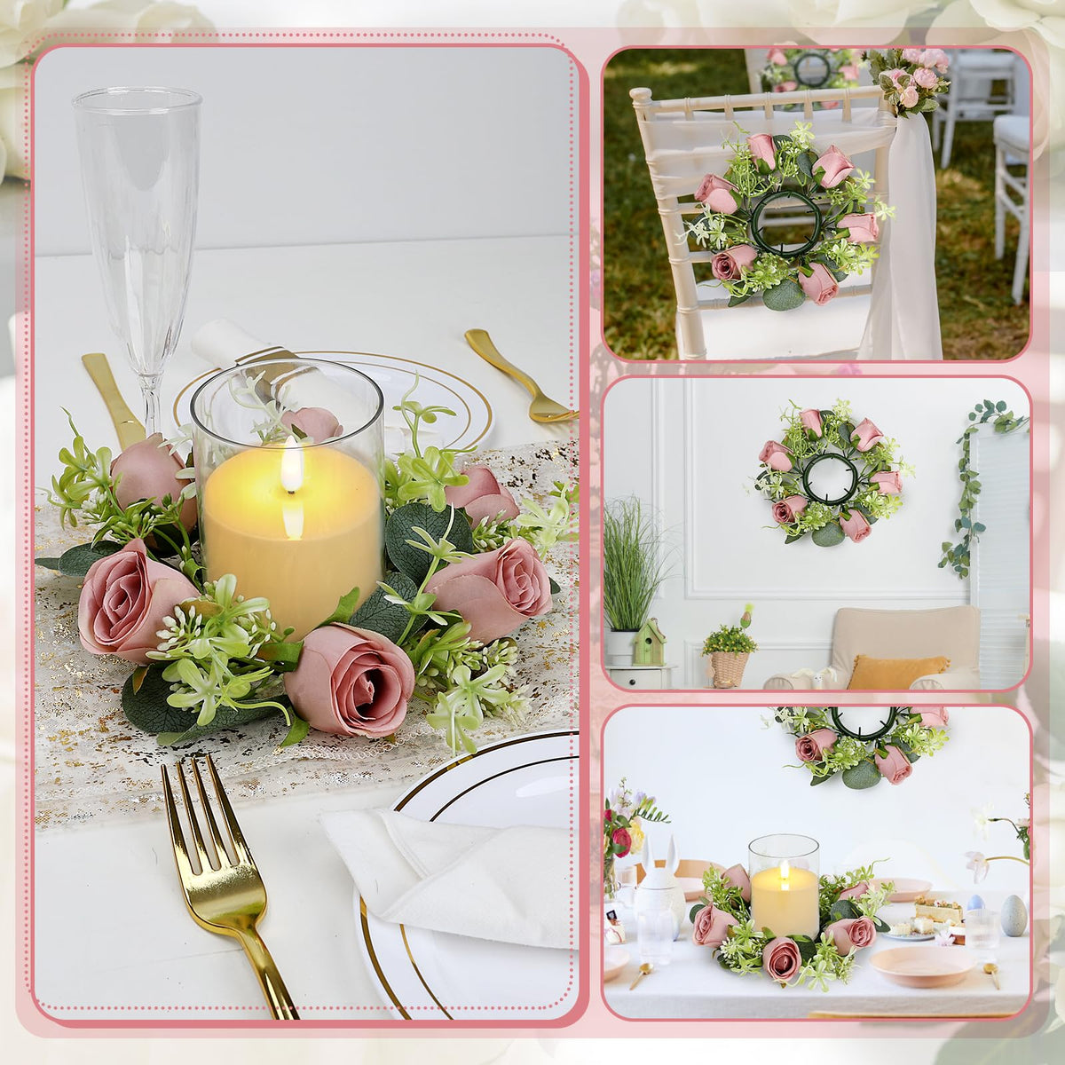 Tobilu 12 PCS Roses Candle Rings Wreaths - 3 Inch Artificial Floral Rings with LED Flameless Candles Eucalyptus Leaves for Spring Banquet Table Centerpieces Home Wedding Party, Dusty Pink