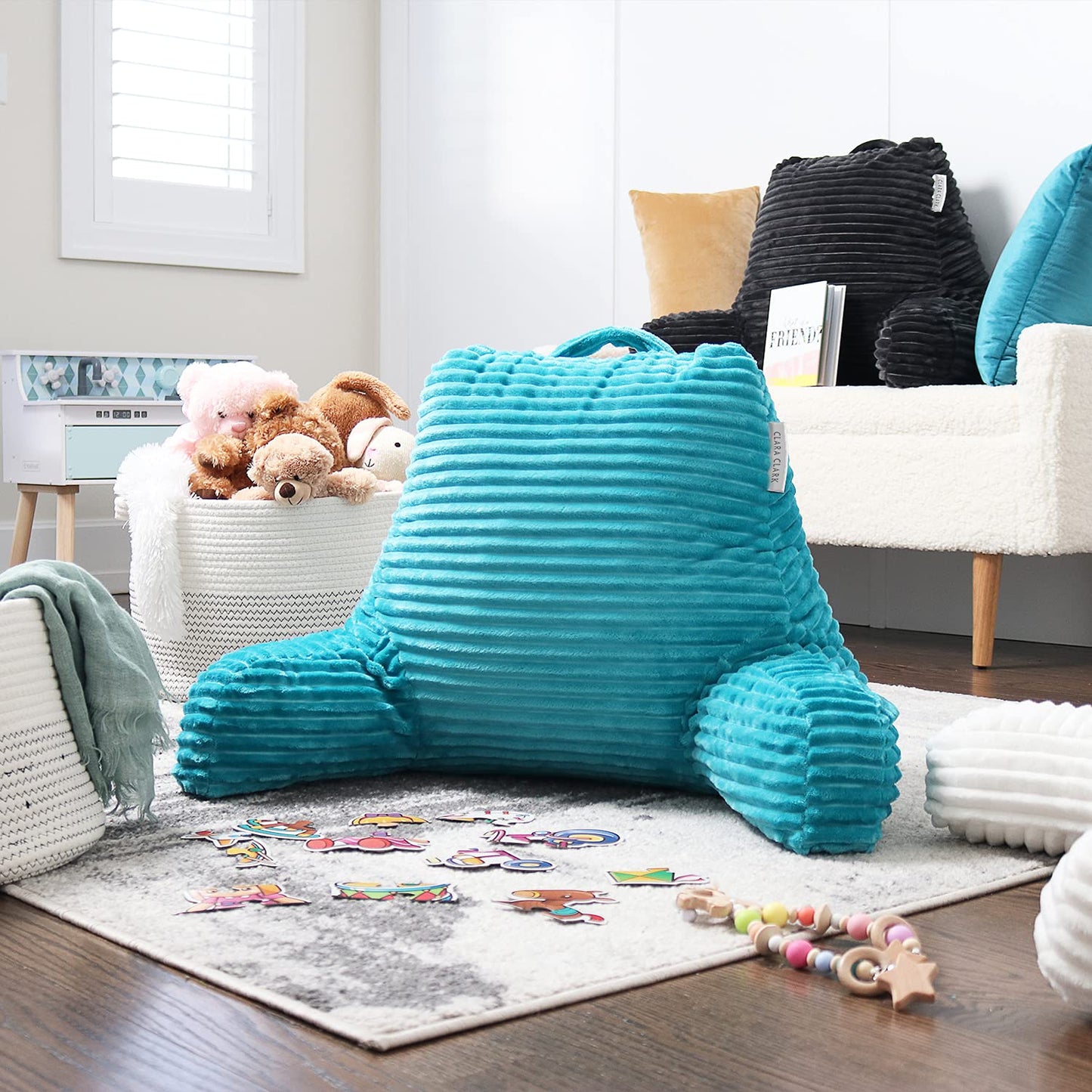 Clara Clark Reading Pillow for Bed Adult – Back Pillow for Sitting in Bed, Standard Plush Bed Pillows for Sitting Up in Bed, Shredded Foam Bed Chair Pillow with Arms and Pockets, Teal Bed Rest Pillow