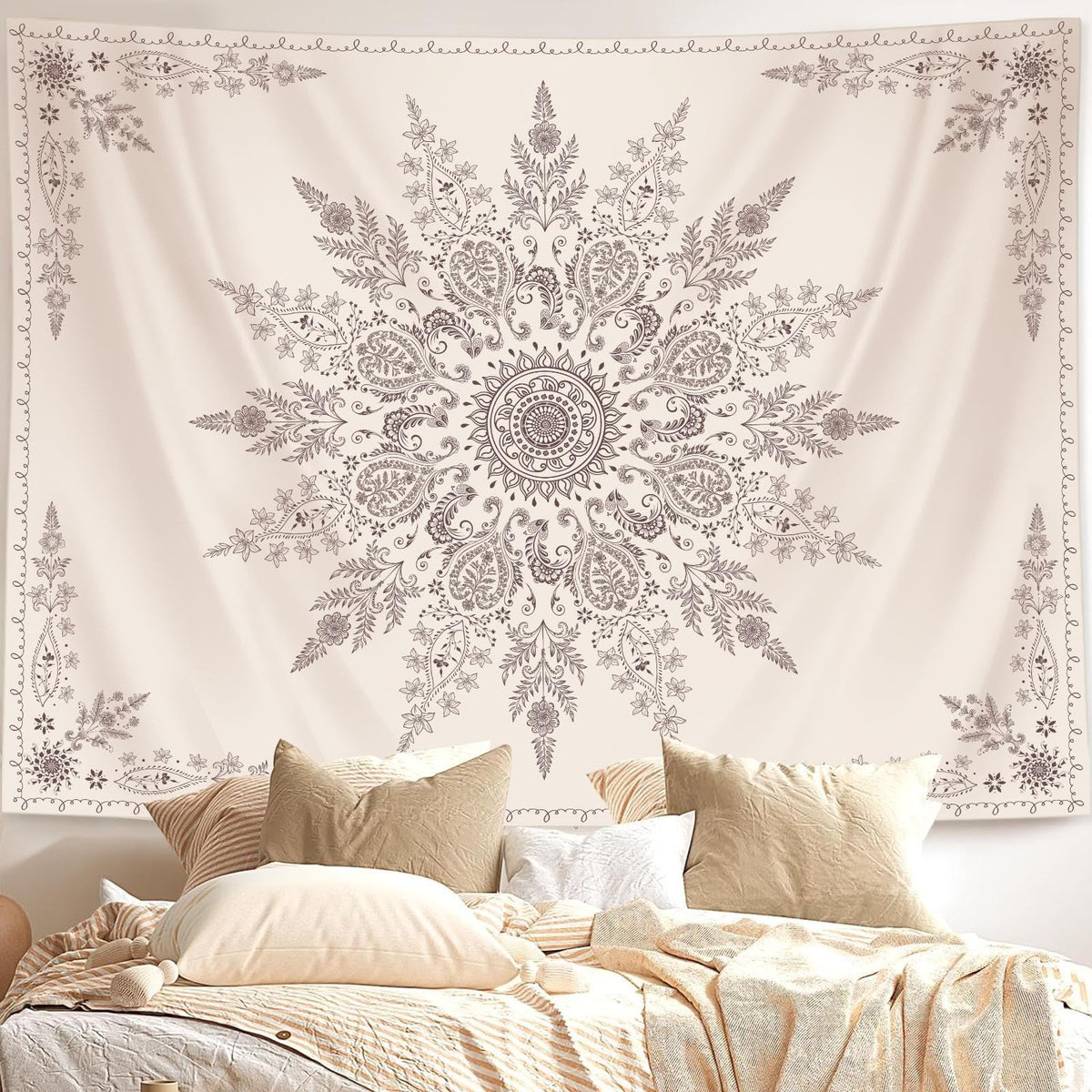 Lunerfex Boho Floral Tapestry Mandala Wall Tapestry, Cute Tapestries for Bedroom Beige Flower Tapestries Wall Hanging for Bedroom Living Room Decor Beige-2 70"x90"