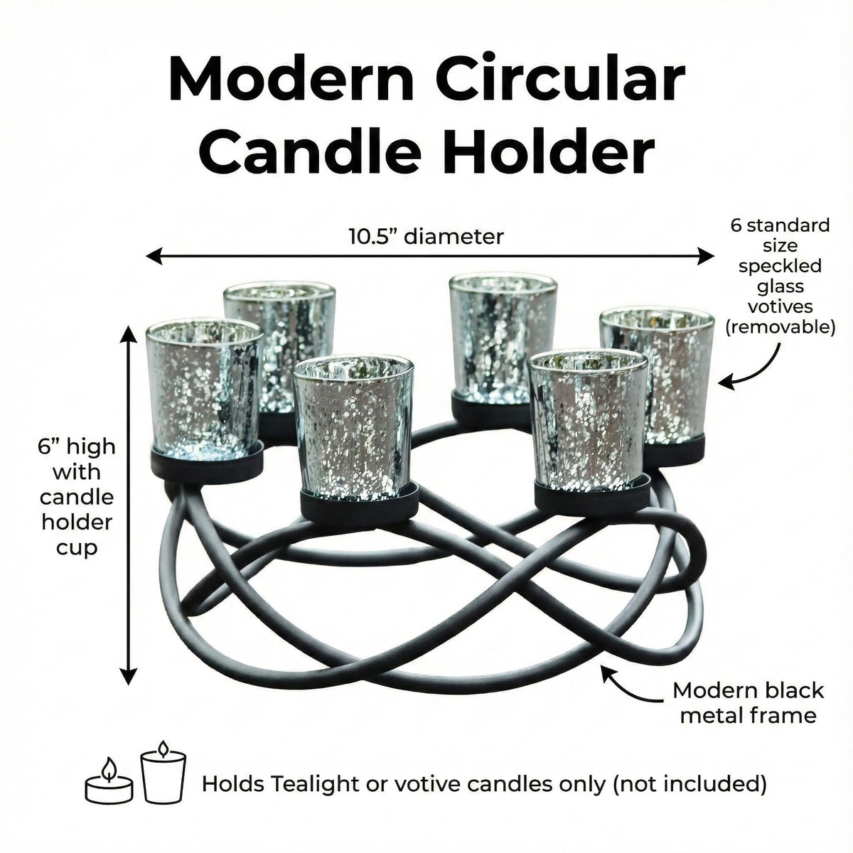 Seraphic Centerpieces for Table Decorations - Round Candle Holders for Outdoor Patio, Dining, Kitchen, Coffee & Wedding Table Decor, Black Iron Candelabra, 6 Silver Glass Votive Tealight Cups