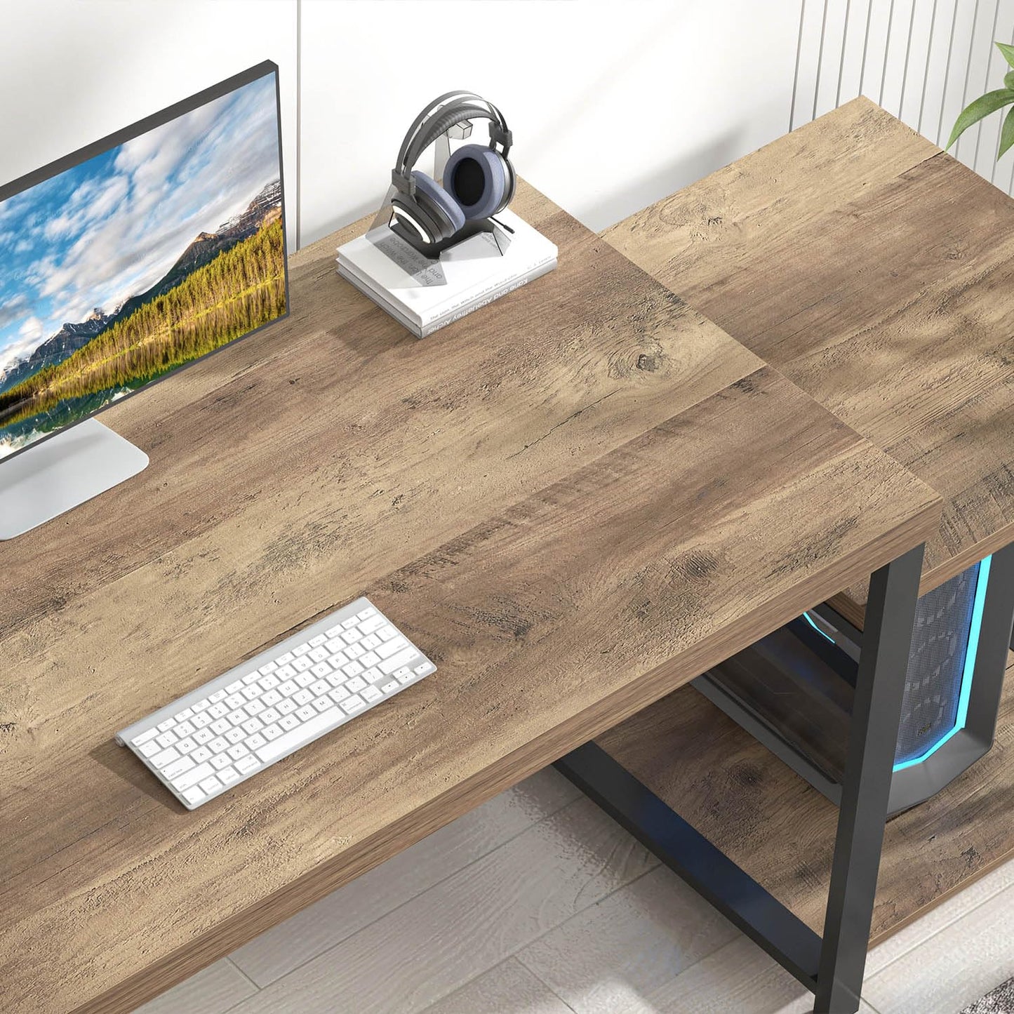 FOLUBAN 63 Inch Large Computer Desk with Printer Space & PC Tower Stand, Modern Wood Home Office Desk Workstation with Storage Shelves, Writing Study Gaming Table, Rustic Oak
