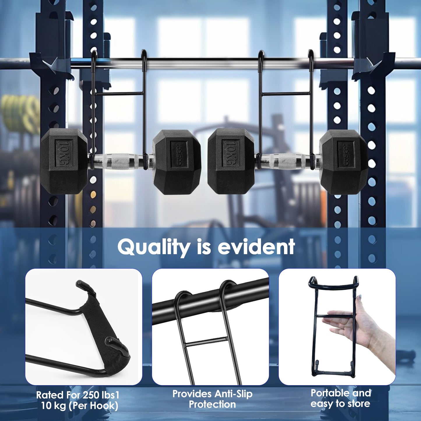 QKOQKO Dumbbell Spotter Hooks, 2-Pack Upgraded 250 lbs Heavy Duty Rack Attachments for Bench Press, Chest & Shoulder Workouts, Safety Hangers with Wrist Straps