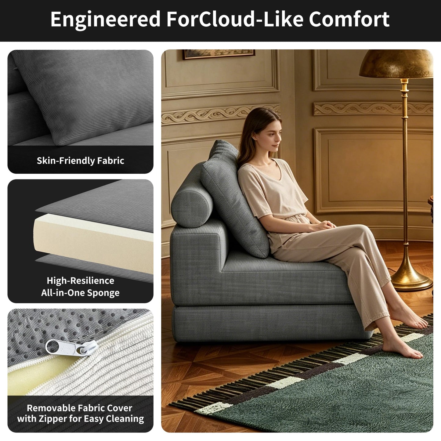 Folding Sofa Bed, Convertible Sleeper Chair with Memory Foam, Pillow & Back Support – Boneless Foldable Futon Couch, Floor Mattress Single Size Lounge for Living Room, Guest Room or Home Office