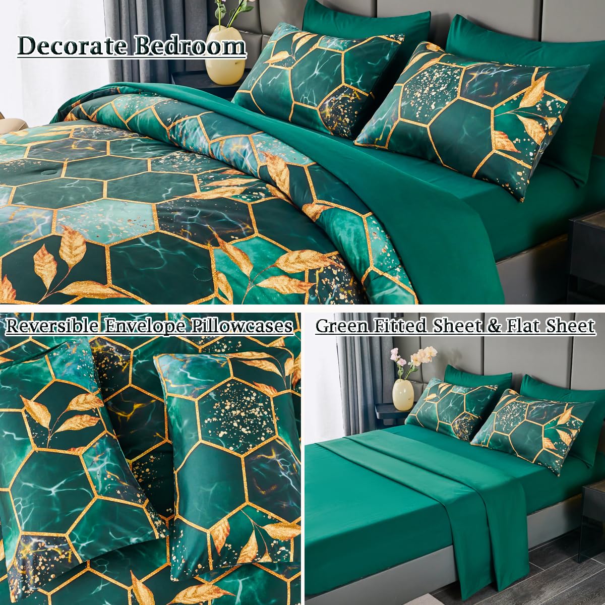ZRNBAST Hexagon Emerald Green Comforter Set Queen Honeycomb Geometric Bedding Set 7 Piece Bed in A Bag with Gold Trim Print Pattern All Season Marble Bed Set with Sheets (Emerald Green, Queen)