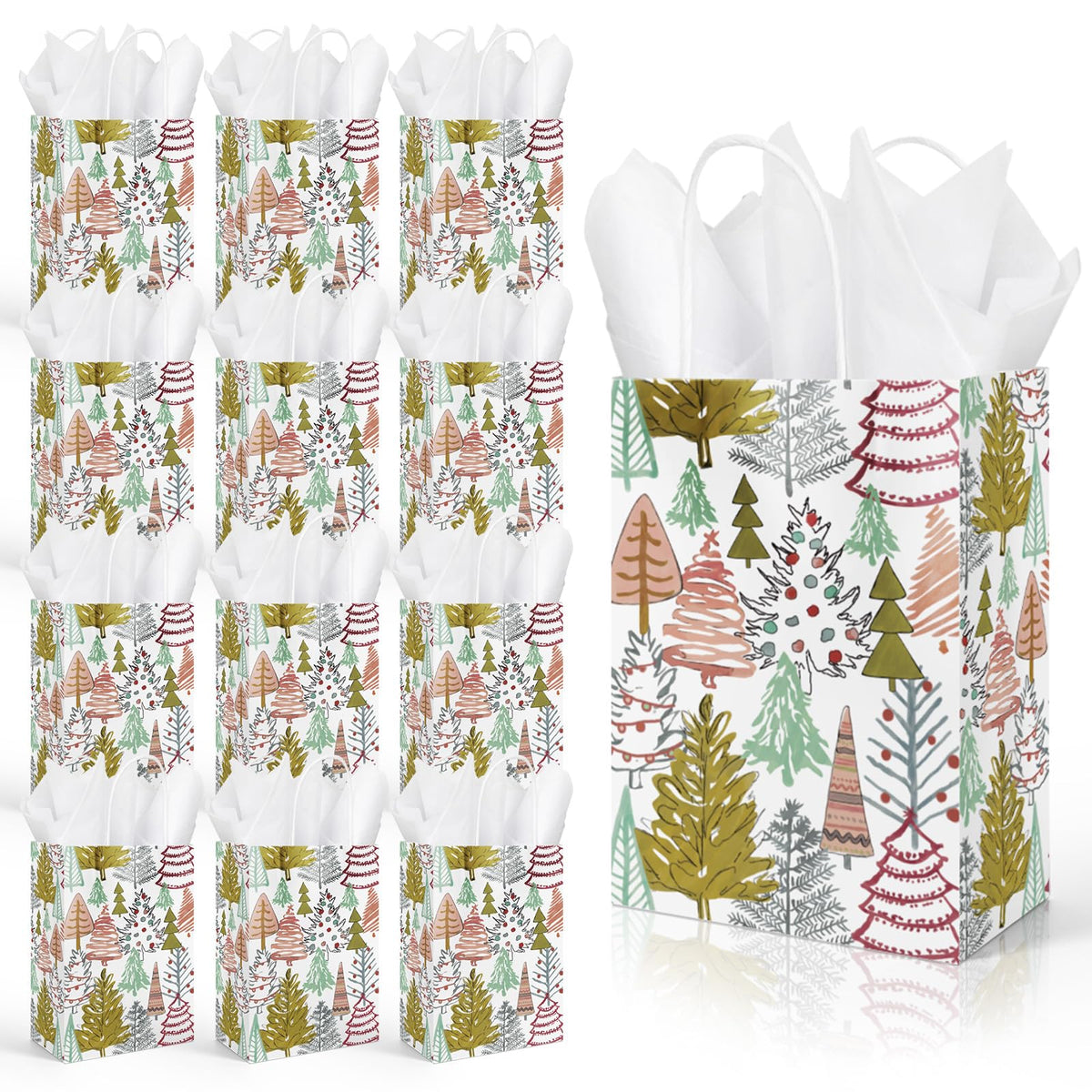 JarThenaAMCS 24 Pcs Christmas Boho Paper Gift Bags with Tissue Paper Xmas Pine Tree Party Favor Bags with Handle Winter Goodie Candy Treat Bags Medium Size Bulk Bags for Wedding Birthday Holiday