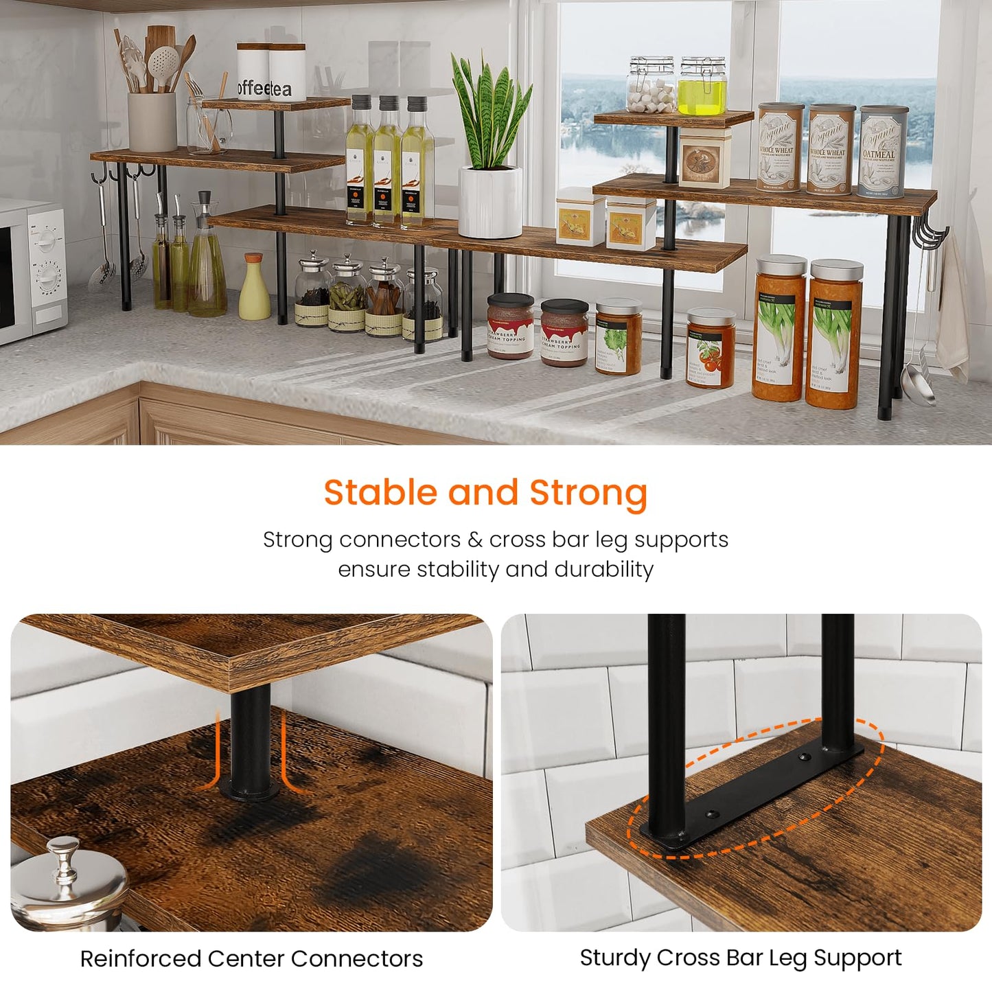 Homode Kitchen Countertop Organizer - 3 Tier Corner Shelf, Bathroom Counter Organizer, Spice Rack, Coffee Bar, Over Sink, Rustic Brown