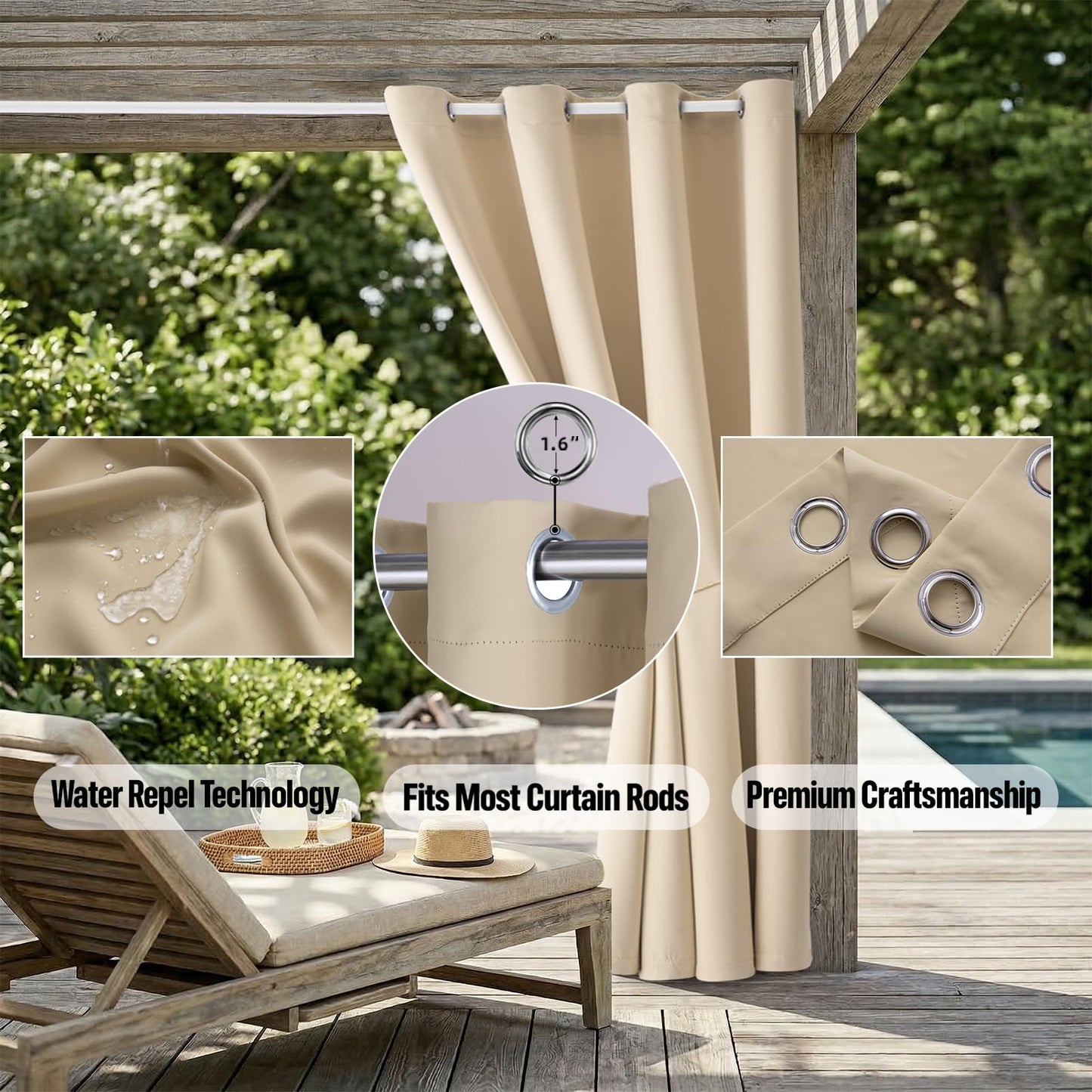 DIVA EN CAMINO DEC Outdoor Patio Curtain Waterproof Darkening Thermal Insulated Indoor Curtains for Bedroom, Porch, Living Room, Pergola, Cabana, W84 x L95, Beige, Set of 2 Panels