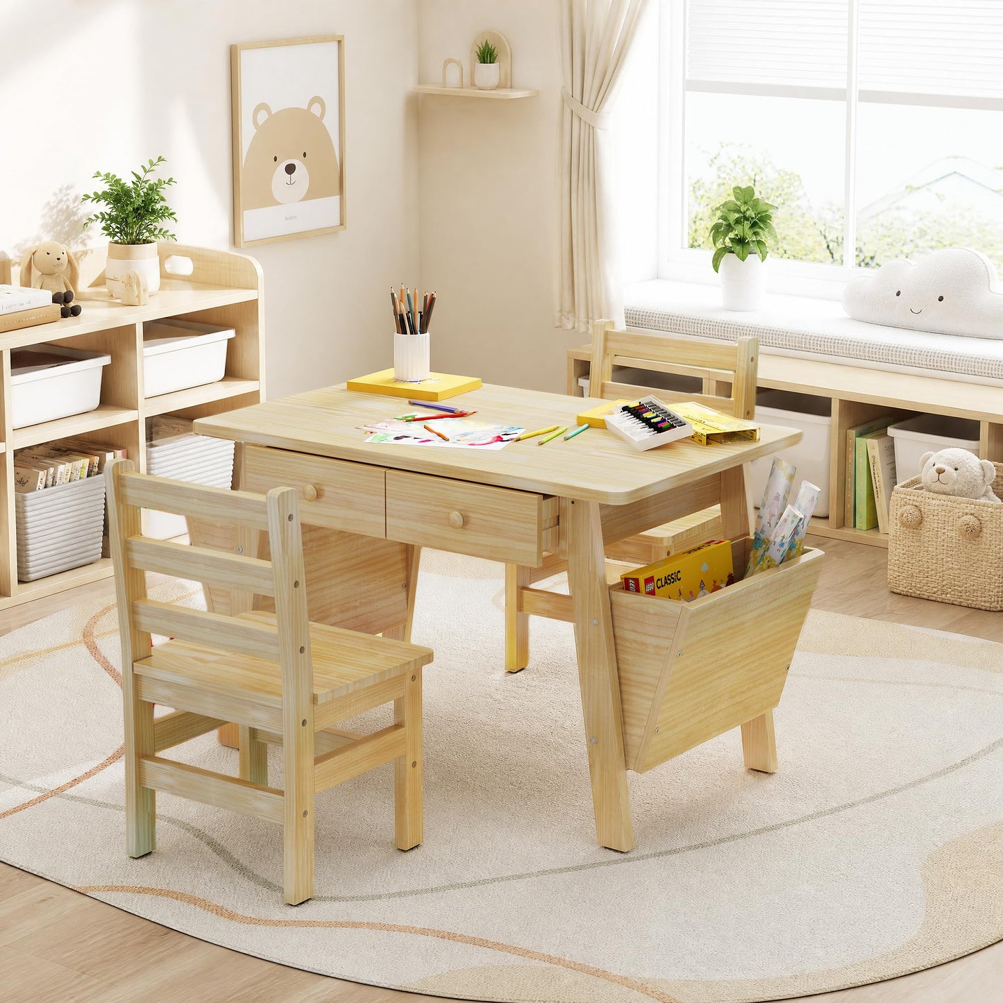 Beskadi Solid Pine Wood Table and 2 Chairs Set, Desk with Storage Bins, Premium Quality Wooden Table and Chair Set for Bedroom &Home - Boho Desks
