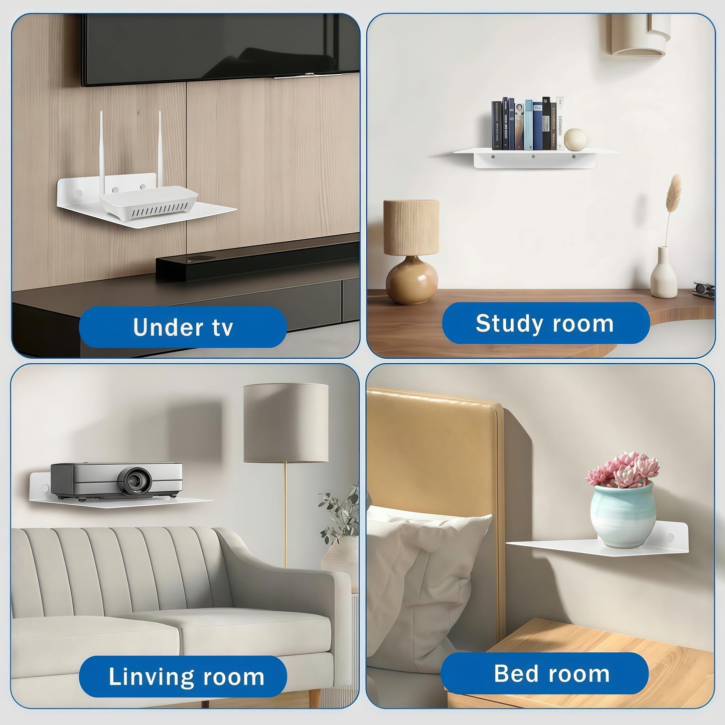 MZDMY Steel Floating Shelves for Wall,Small Wall Shelf，Bookshelf Living Room Bedroom Home Office Bathroom，Little Mini Tiny Display Hanging Shelves for Books/Storage/Room Decor (White 9.06x6.5in)