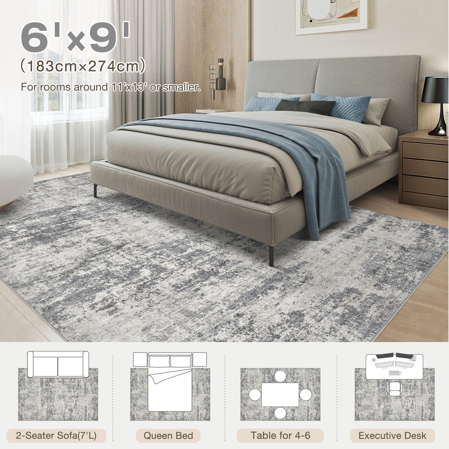 TARANCH Abstract 6x9 Area Rug: Machine Washable Non Slip Ultra Thin Low-Pile Carpet, Soft Stain Resistant for Living Room Bedroom Nursery, Kid Pet Friendly, Robot Vacuum Compatible - Grey Beige
