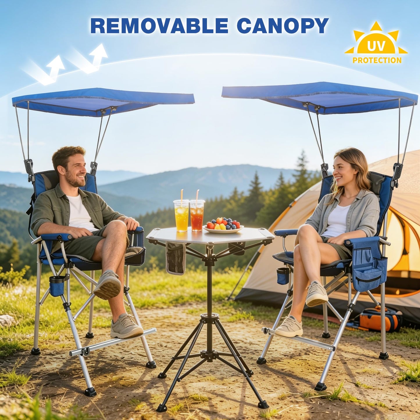 Stonehomy Extra Tall Folding Chairs with Canopy Shade for Adults, Portable Height Foldable Director Chairs with Umbrella for Concerts Sports Events Camping Outside with High Back and Footrest, Blue