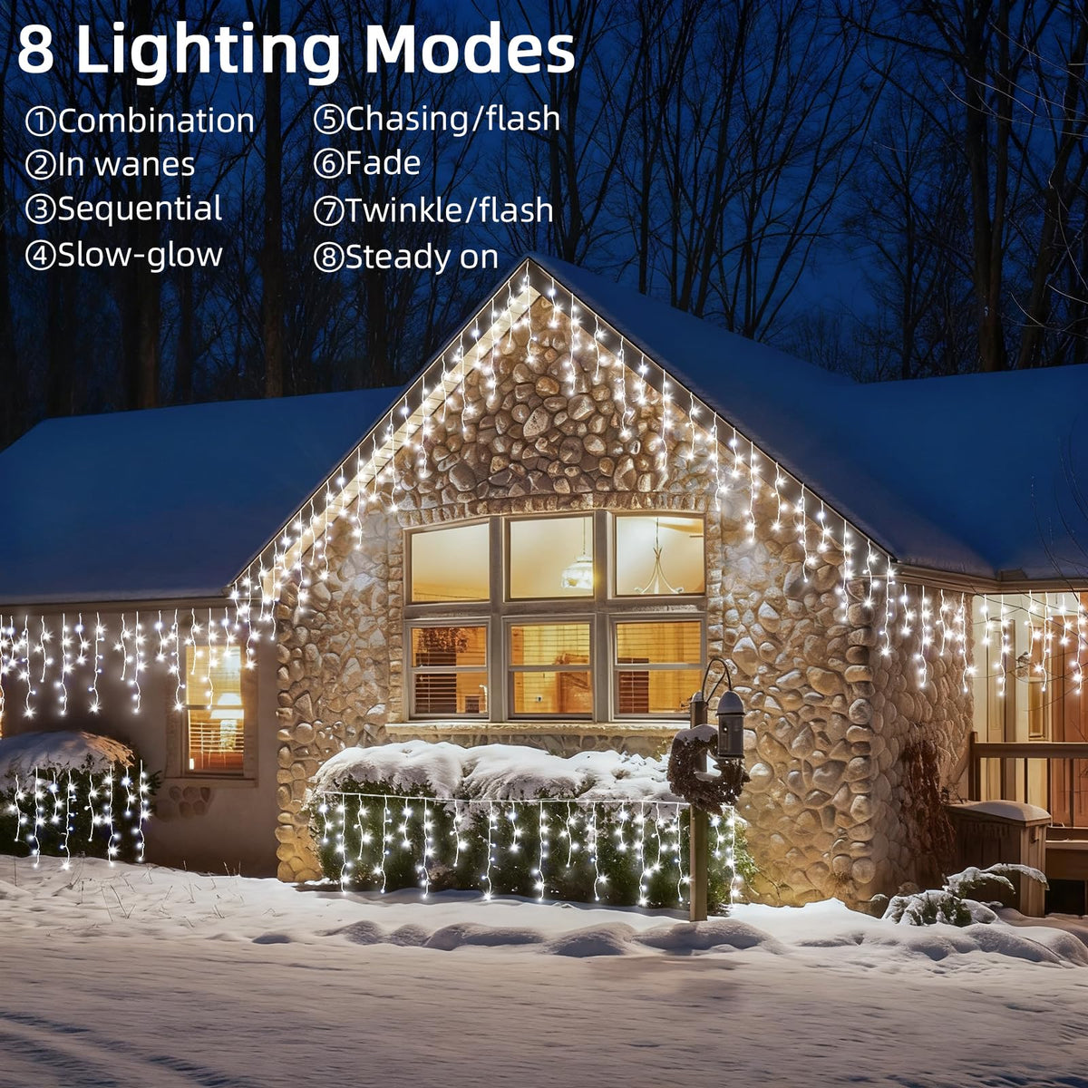 BYIZO Christmas Outdoor Icicle Lights - 200 LED 21+16 FT 8 Modes Curtain Fairy String Light Plug in, Waterproof for Eaves Yard Holiday Xmas Holiday Indoor Outdoor Decoration - White