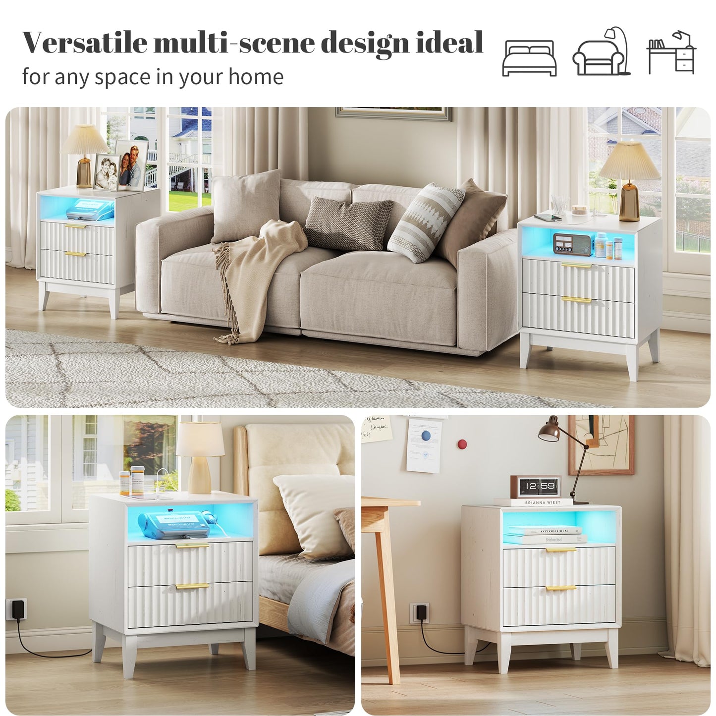 LVSOMT 20'W Fluted Nightstand with Charging Station, LED Night Stand with RFID Lock Hidden Drawer, Mid Century Modern Bedside Table for Bedroom, 2 Drawers and Open Storage Cubby, White