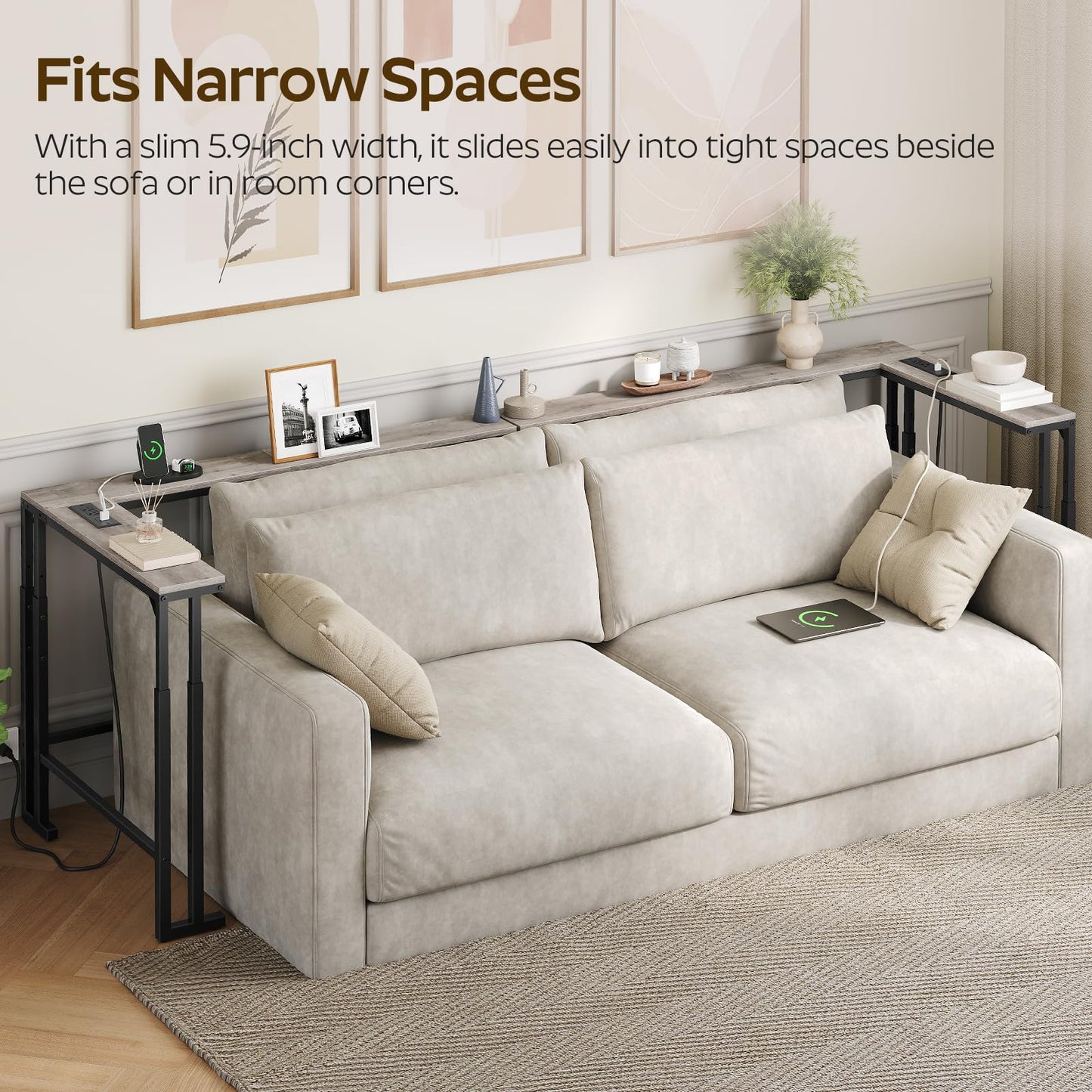 YATINEY 70.9" Narrow Console Table with Adjustable Height (27.6"-35.4"), L Shaped Sofa Table Narrow Long, Skinny Behind Couch Table with USB-C Ports, 5.9" Wide Sofa Side Table, Greige CT28UBG