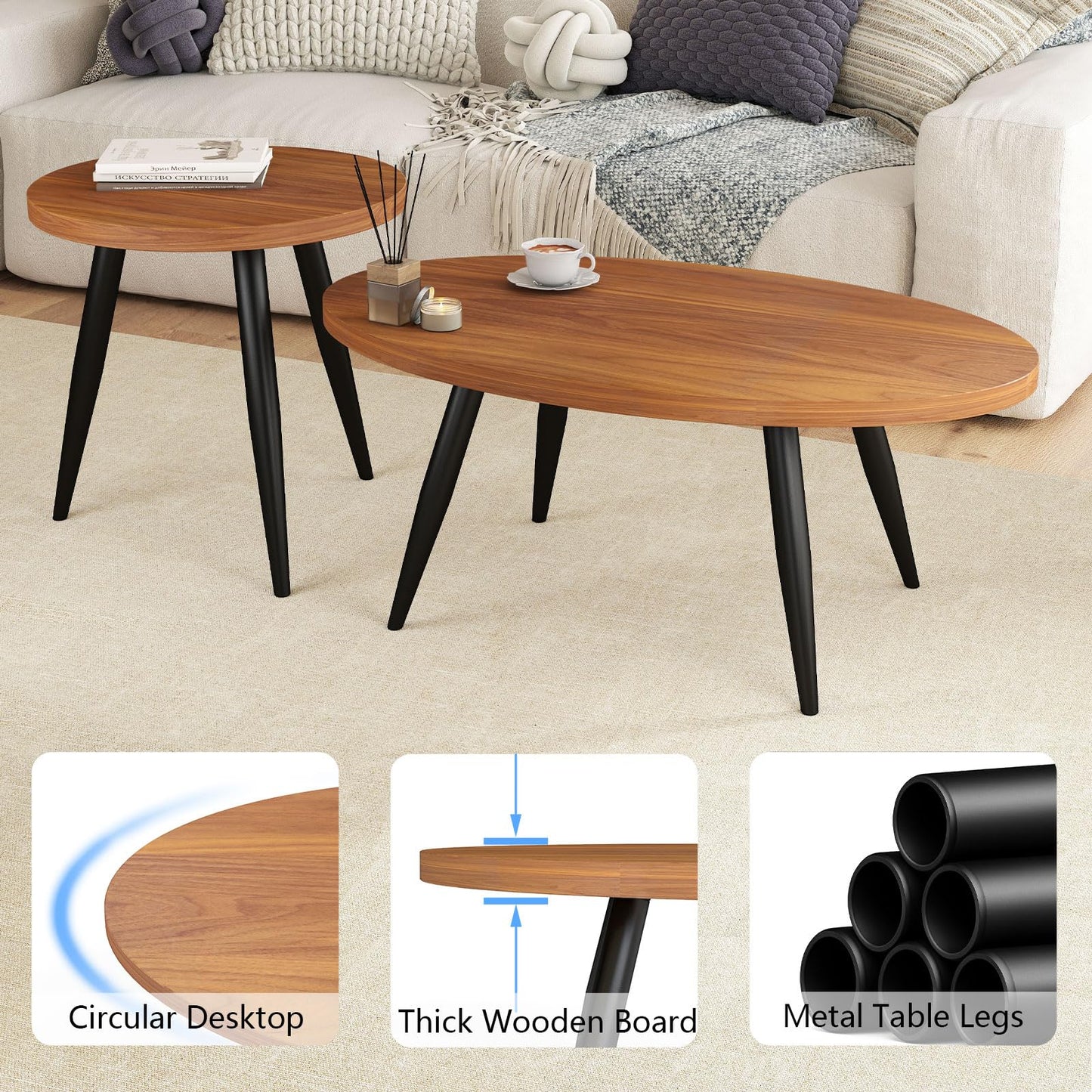 Permory 2-Piece Nesting Coffee Table Set, Oval & Round Mid-Century Modern Side Tables with MDF Tabletop & Metal Tapered Legs, Accent Table Set for Living Room, Small Spaces, Walnut