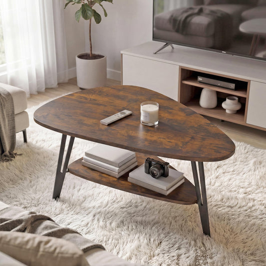MWOOD Triangle Coffee Table, 33.5″‌Industial Center Table with Brown Top Surface&Black Metal Leg, Extra Storage Shelf for Living Room, Apartment(Rustic Brown&Black)