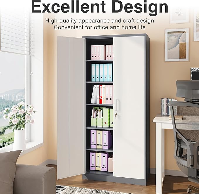 Metal Storage Cabinet with 2 Doors and 6 Shelves, Locking File Cabinet