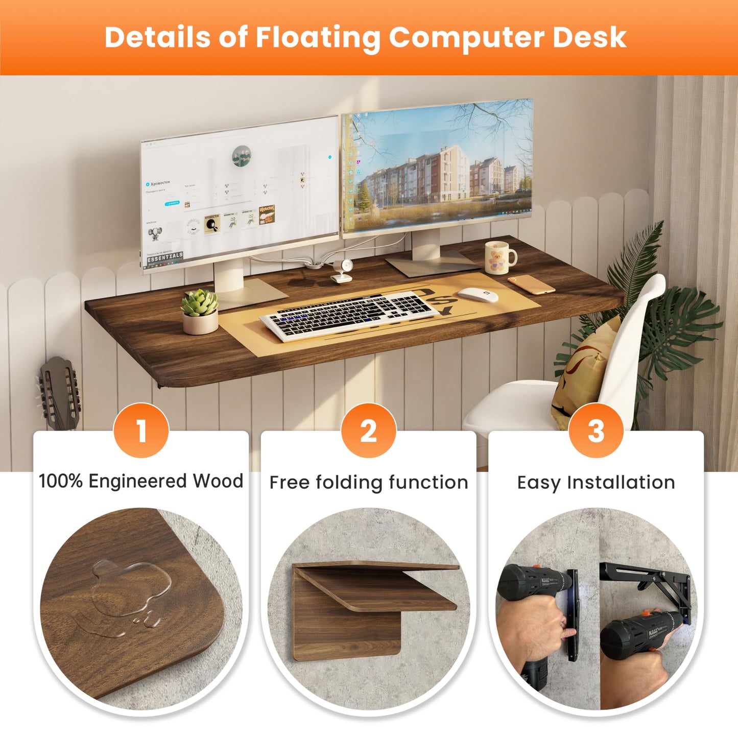 IAE Wall Mounted Floating Foldable Desk, 36" x 22" Folding Computer Workstation Table with Engineered Wood and Metal Shelf Brackets,Fold&Floating Design for Home Office, Apartment,Laundry Room,Walnut