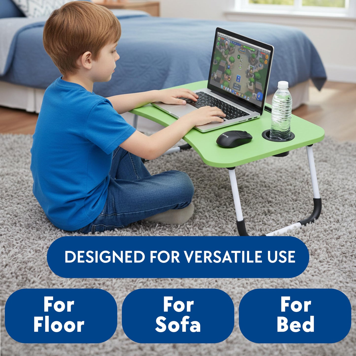 Laptop Bed Table, Laptop Desk with Foldable Legs & Cup Slot, Portable Tablet Notebook Stand Breakfast Bed Tray with Curved Design Charging Slot & Handle for Sofa, Bed, Terrace, Balcony, Pink