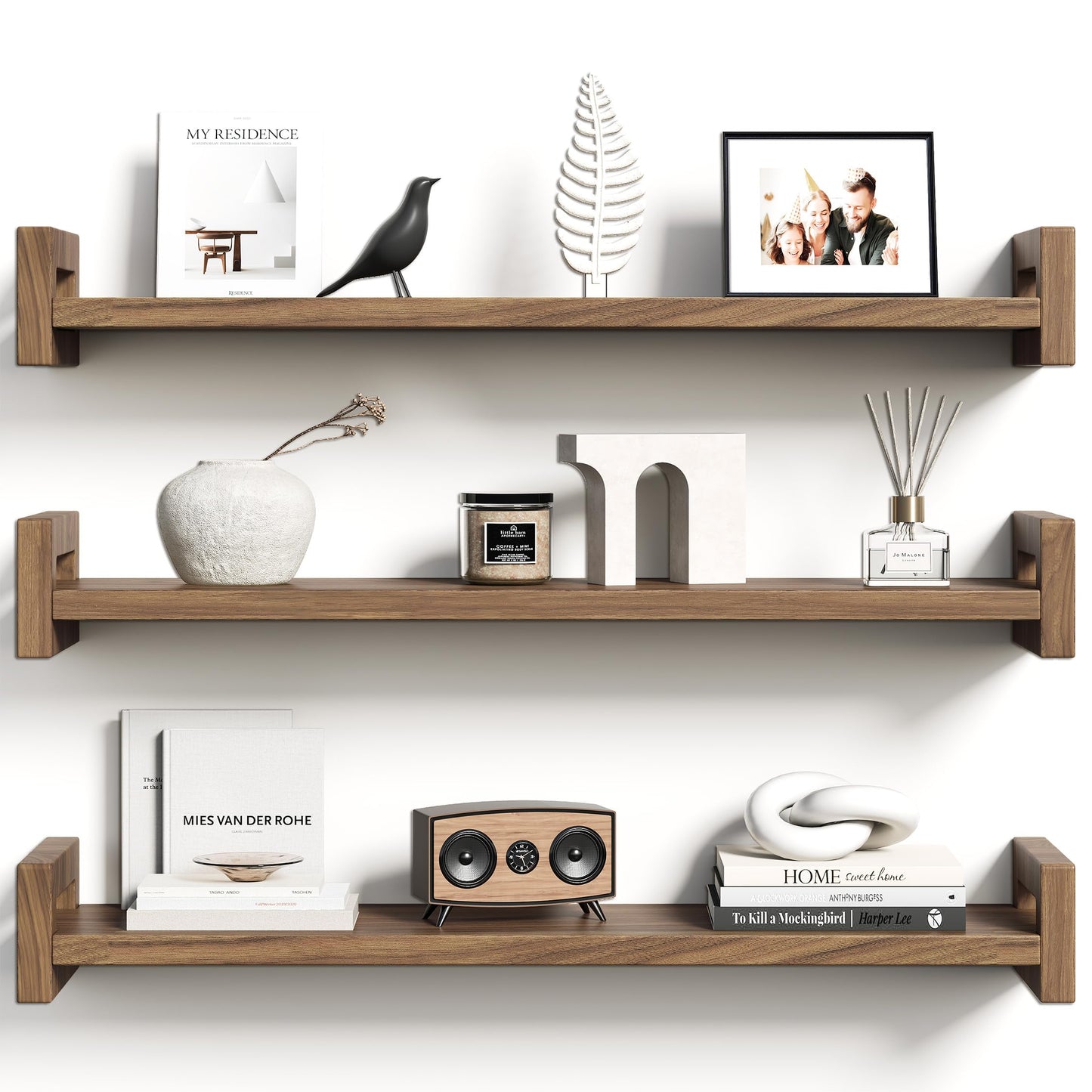 Upgraded Floating Shelves for Wall, Set of 3 Solid Wood Wall Mounted Shelves, 23.6" Rustic Walnut Display Shelf for Bedroom, Living Room, Bathroom, and Kitchen Decor - Heavy-Duty & Natural Pine