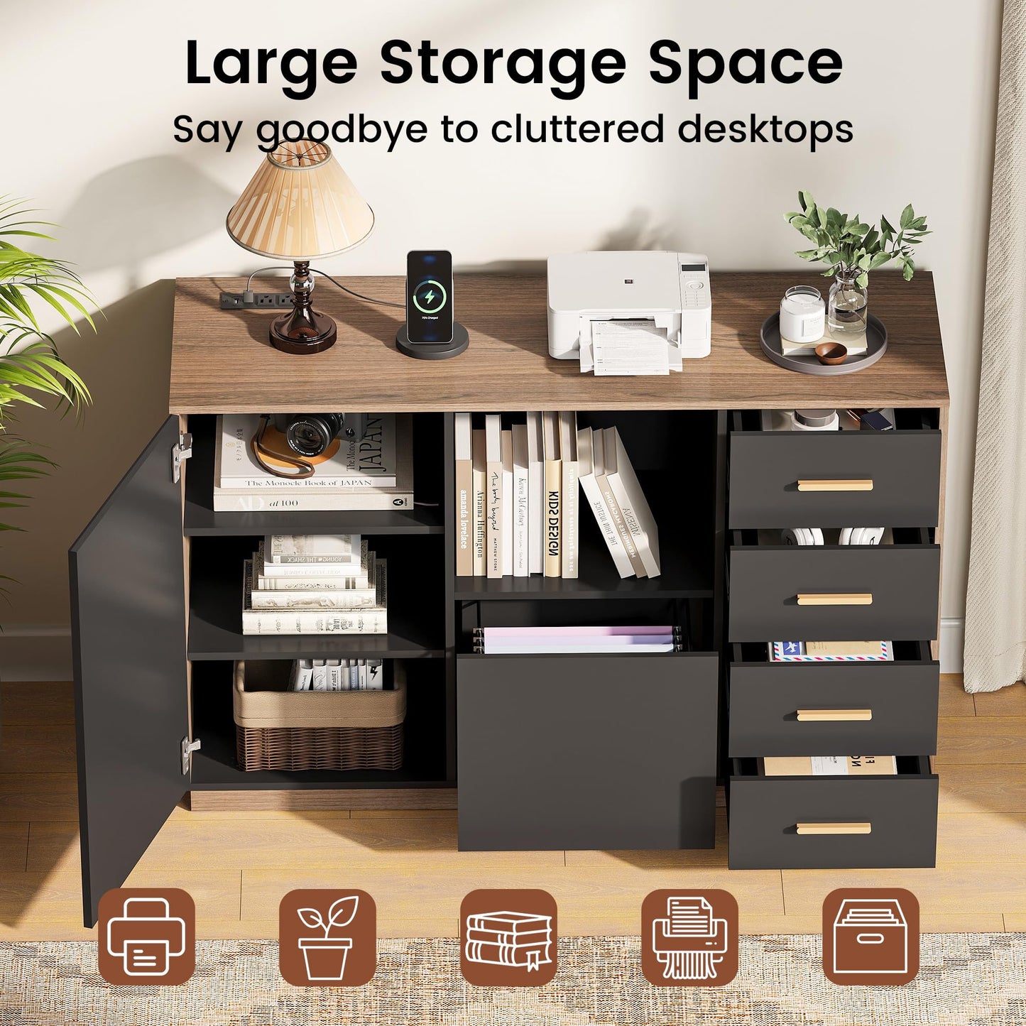 ModernMate File Cabinet with 5 Drawer & Charging Station, 47.2" Office Storage Cabinet with Door & Adjustable Shelves, Printer Stand with Open Shelf for Home Office, Fits A4/Letter Size, Black Walnut