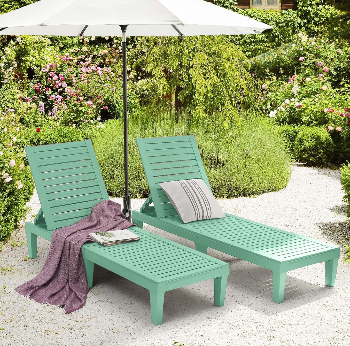 Nestl Sun Tanning Chair - Sage Green Chaise Lounge Chair Outdoor, Lightweight Pool Lounge Chairs Set of 2, Adjustable 5-Position Reclining Lawn Chair, Waterproof Beach Outdoor Lounge Chairs