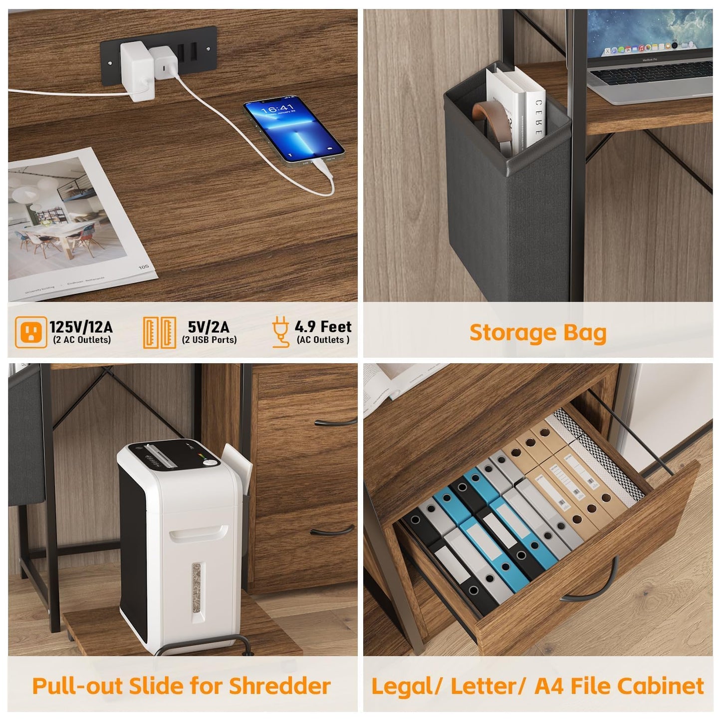GarveeLife File Cabinet Furniture, Filing Cabinet with 2 Drawers, Rolling Printer Stand with Open Storage Shelves for Home Office, Printer Stand with Power Strip & LED Lights, 49.2" h, Rustic Brown