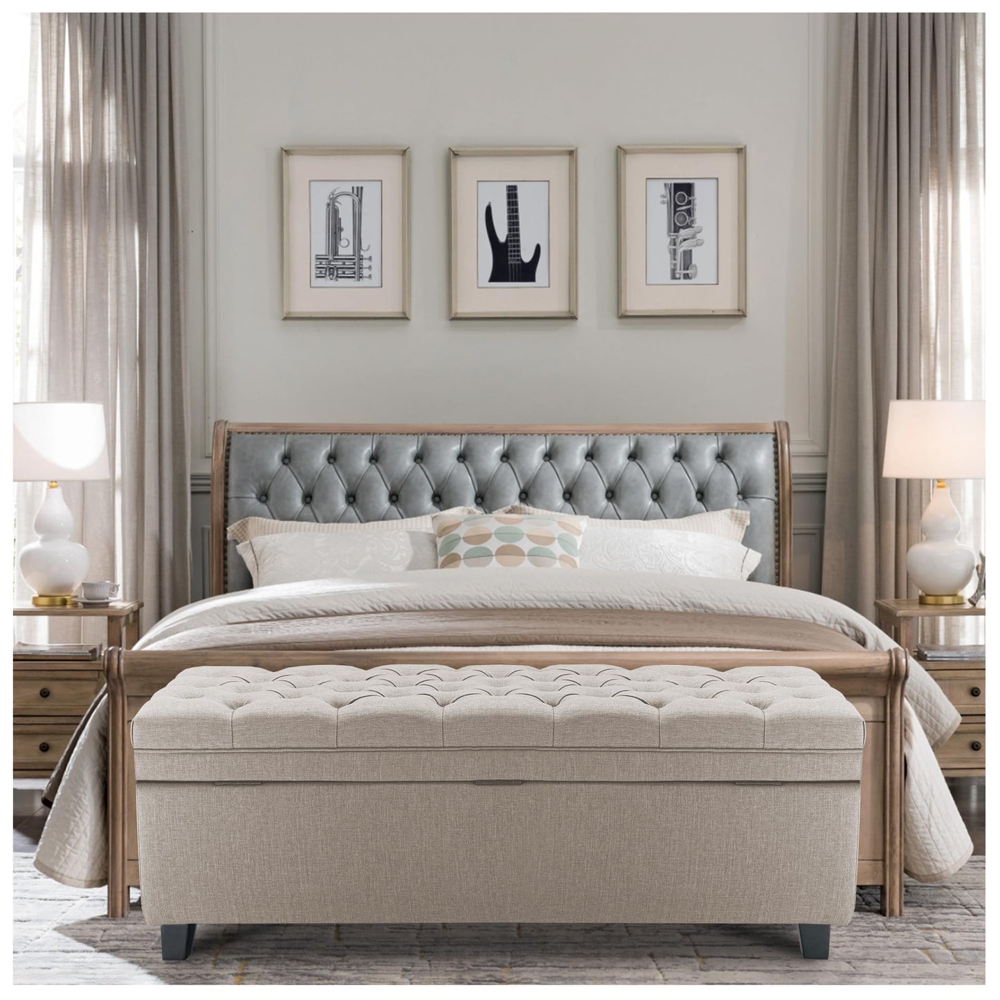 UDAX 51" Storage Ottoman for Bedroom & Living Room, End of Bed Bench with Black Wooden Legs, Linen Upholstered Tufted Ottoman, Entryway Storage Bench, Beige