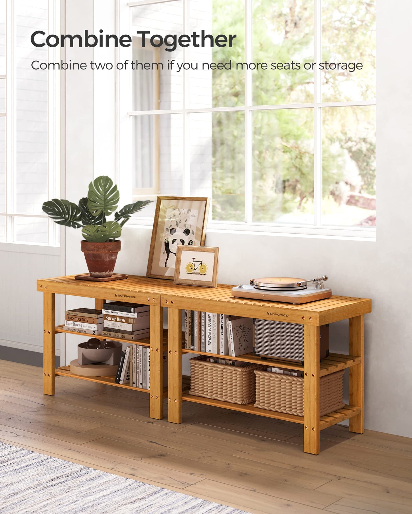 SONGMICS Shoe Rack Bench, 3-Tier Bamboo Shoe Storage Organizer, Entryway Bench, Holds Up to 286 lb, 11.3 x 27.6 x 17.8 Inches, for Entryway Bathroom Bedroom, Natural ULBS04N