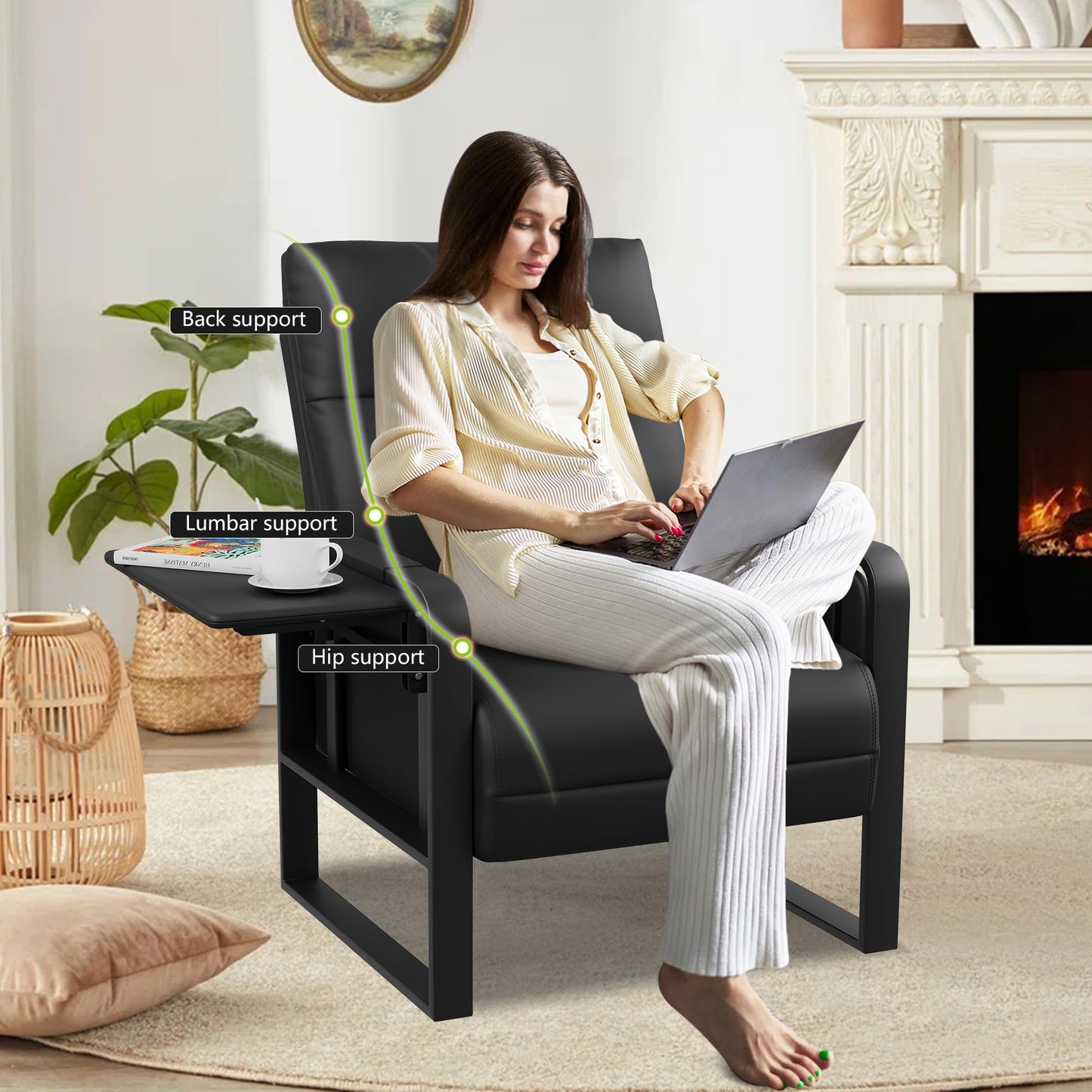 Alunaune Upholstered Living Room Chair Armchair, Mid Century Faux Leather Metal Accent Chair, Reception Couch Slipper Club Lounge Chair Guest Comfy Single Sofa with Sidetable for Bedroom-Black