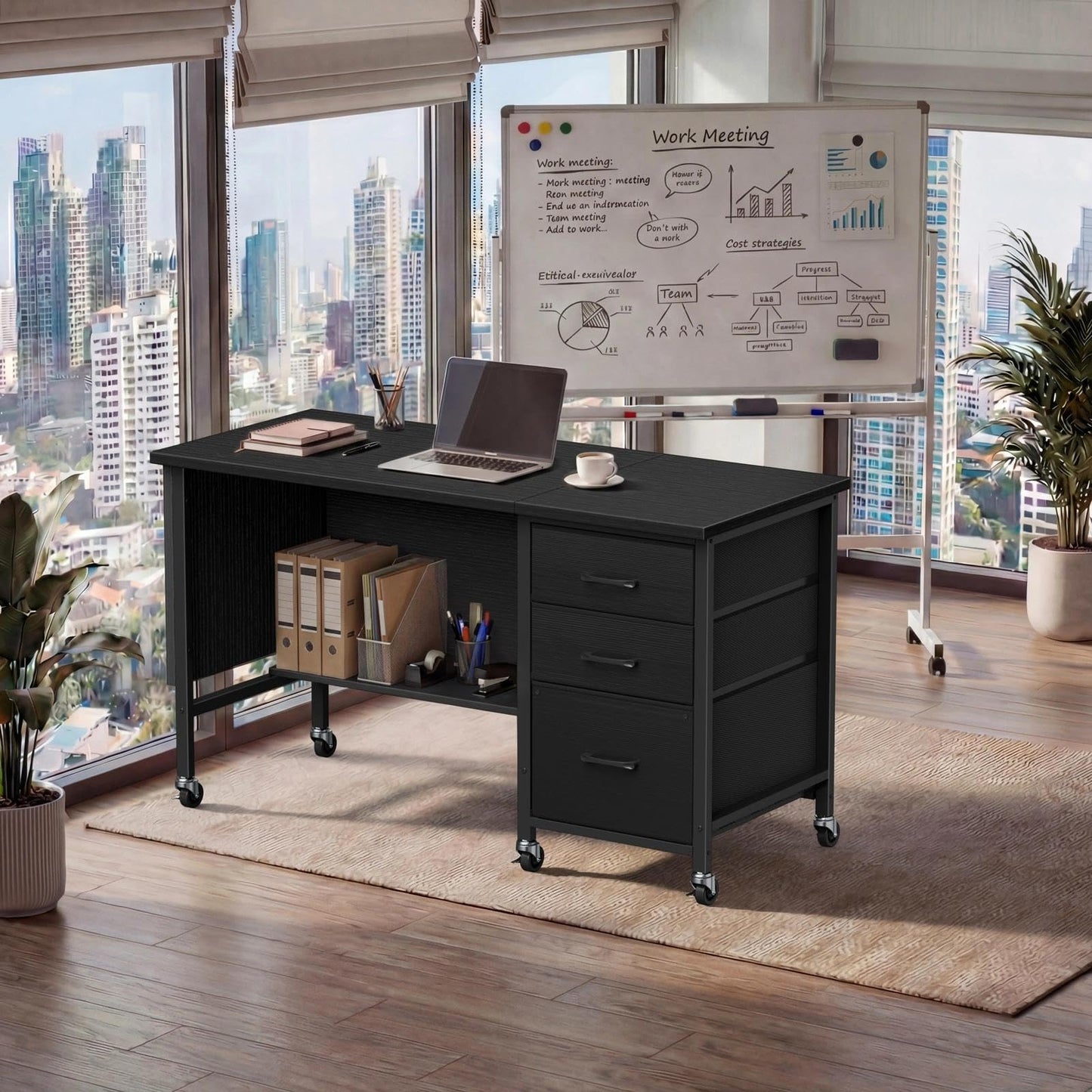 Rolling Teacher Desk with File Drawer & Privacy Panel, 47" Mobile Computer Desk with 3 Storage Drawers on Wheels, Modern Office Desks with File Cabinet for Classroom & Home Office, Black