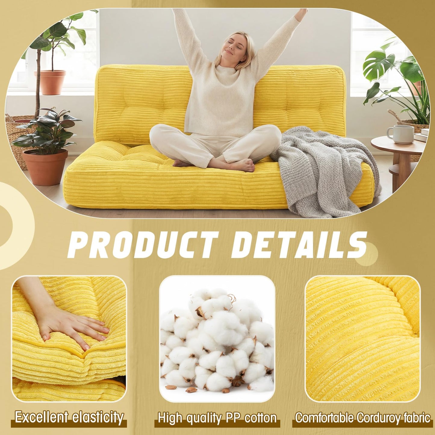 63 Inch Folding Sofa Bed Convertible Chair, 2-in-1 Convertible Boneless Sofa Floor Cushions Couch Mattress Oversized Corduroy Upholstered Sleeper Chair for Living Room Guest Apartment(Yellow)