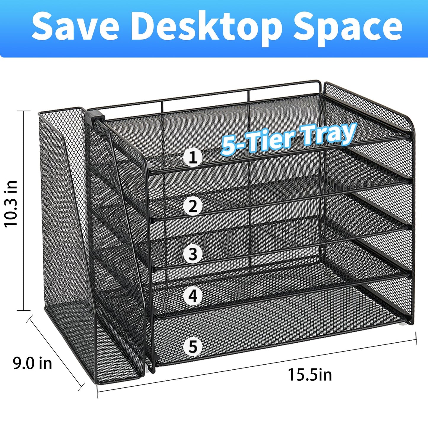 OPNICE Desk Organizers and Accessories, 5-Tier Paper Organizer Letter Tray with Magazine Holder, Office Desk Accessories & Workspace Organizers, Desktop File Organizer for Office Supplies, Black