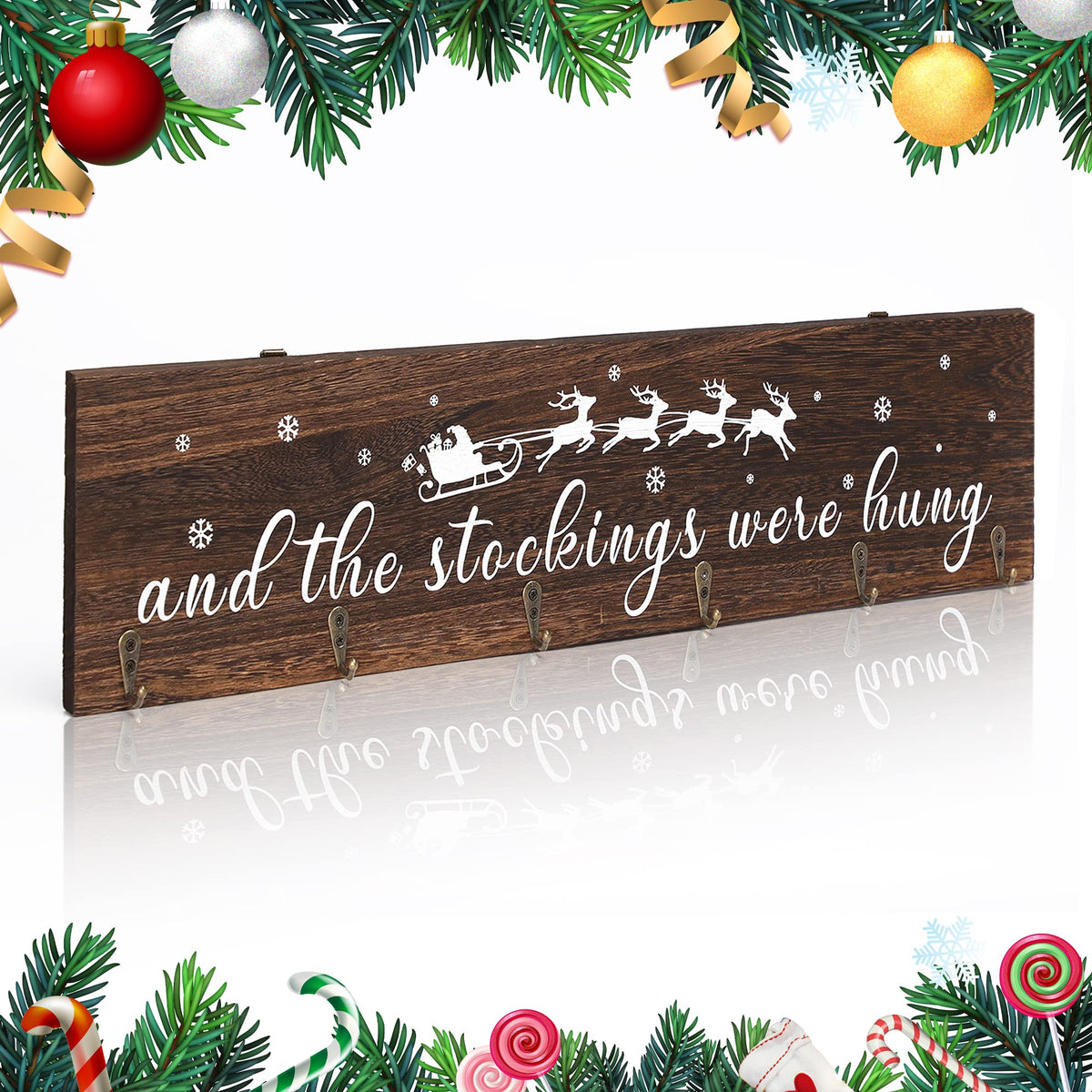 KORMMCO Christmas Stocking Holder, The Stocking were Hung Wood Hanging Sign, Stocking Holder for Wall, Xmas Stocking Holder with 6 Hangers for Fireplace Mantel, 24 inch,Brown,