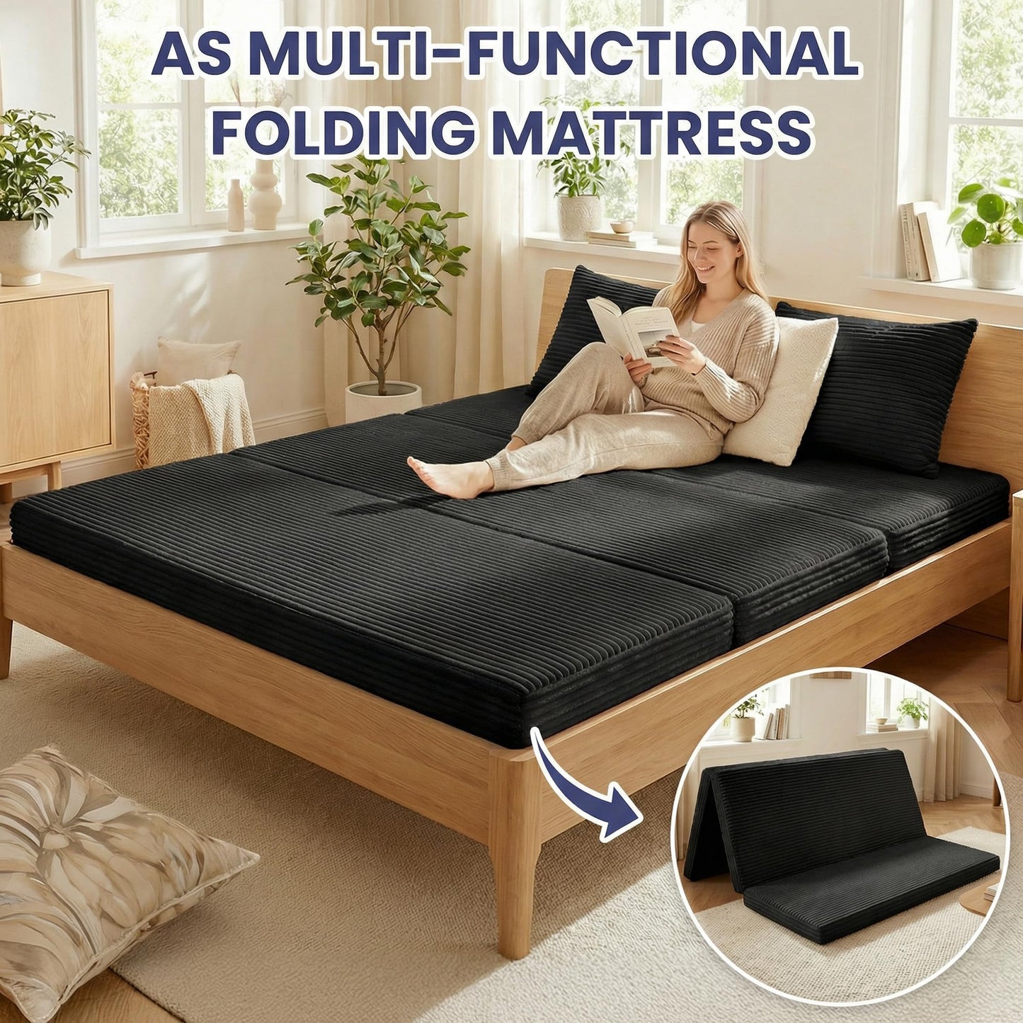 Winzoo Convertible Sofa Bed, 4-in-1 Boneless Loveseat with Removable Armrests Backrest, Corduroy Futon Couch Bed with Pillow, Foldable Mattress Sleeper Sofa for Living Room Bedroom Small Place (Black)