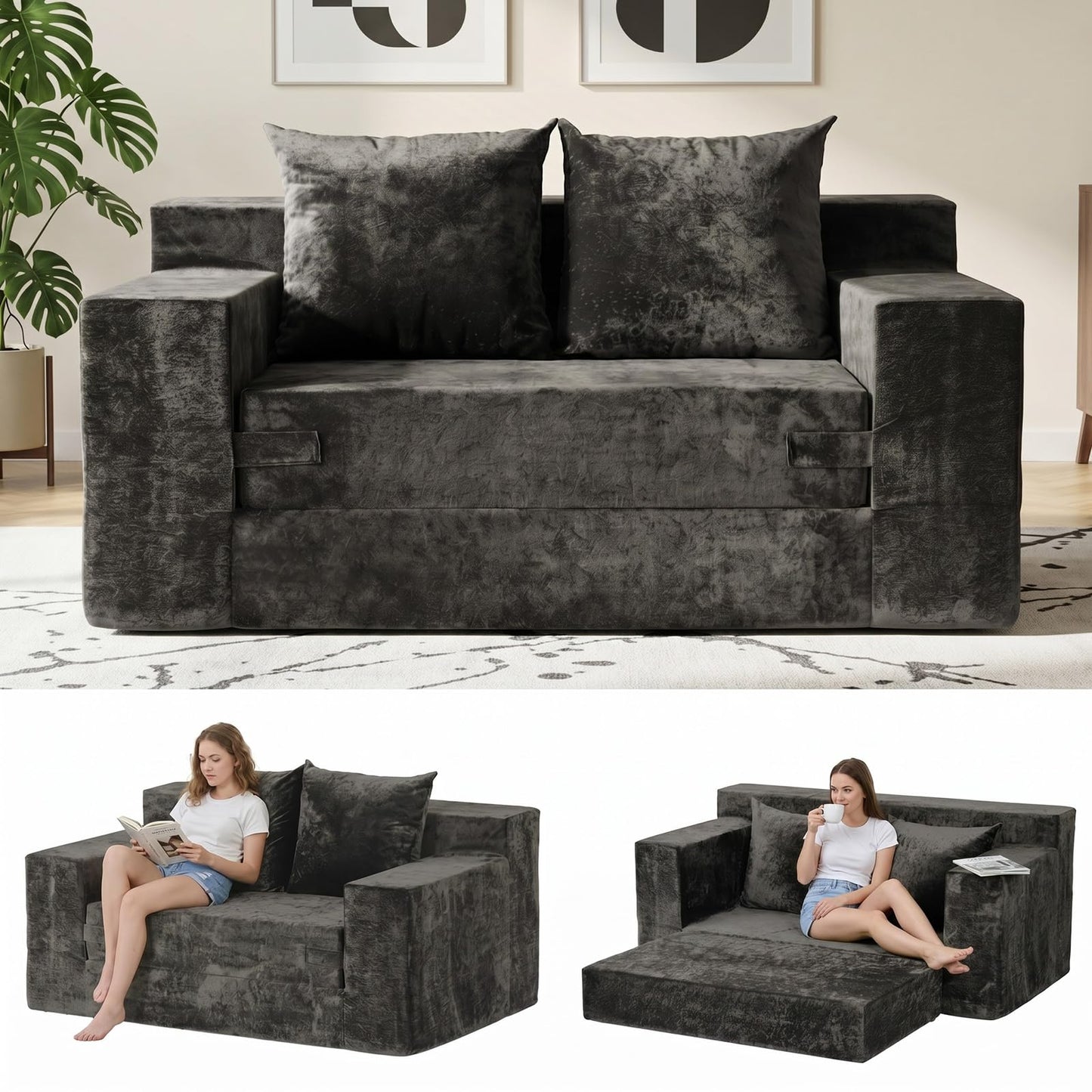 feliz home Boneless Loveseat Couches, Convertible Sofa Bed Folding Couch Bed, Boneless Chair Bed & Futon Sofa Bed, Small Pull Out Couch Foldable with 4 Pillows for Living Room, Dark Grey