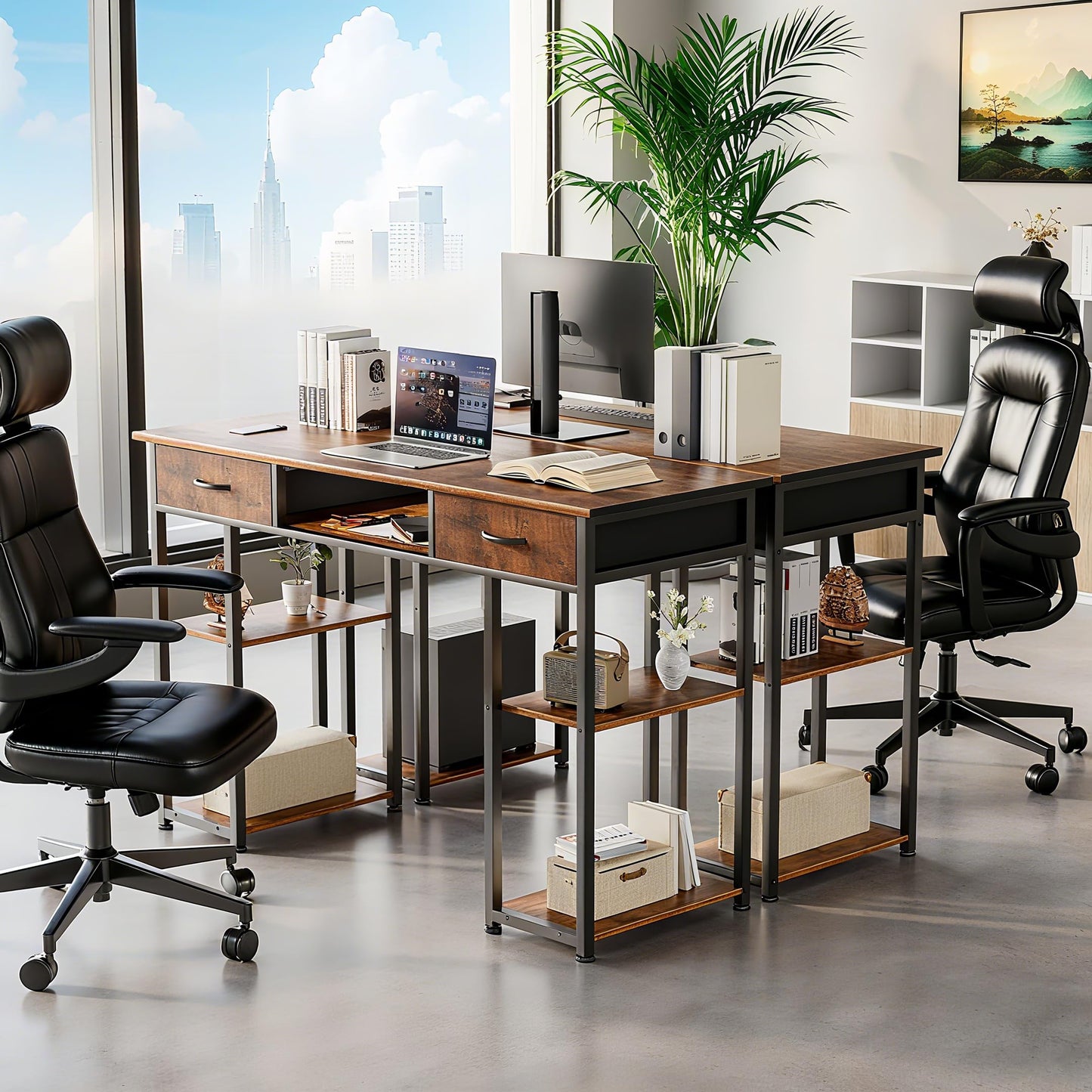 DUMOS 48" Small Computer Home Office Desk for Bedroom with Drawers, Gaming Writing Study Table with Storage Shelf, Adjustable Feet, Metal Frame Natural Brown