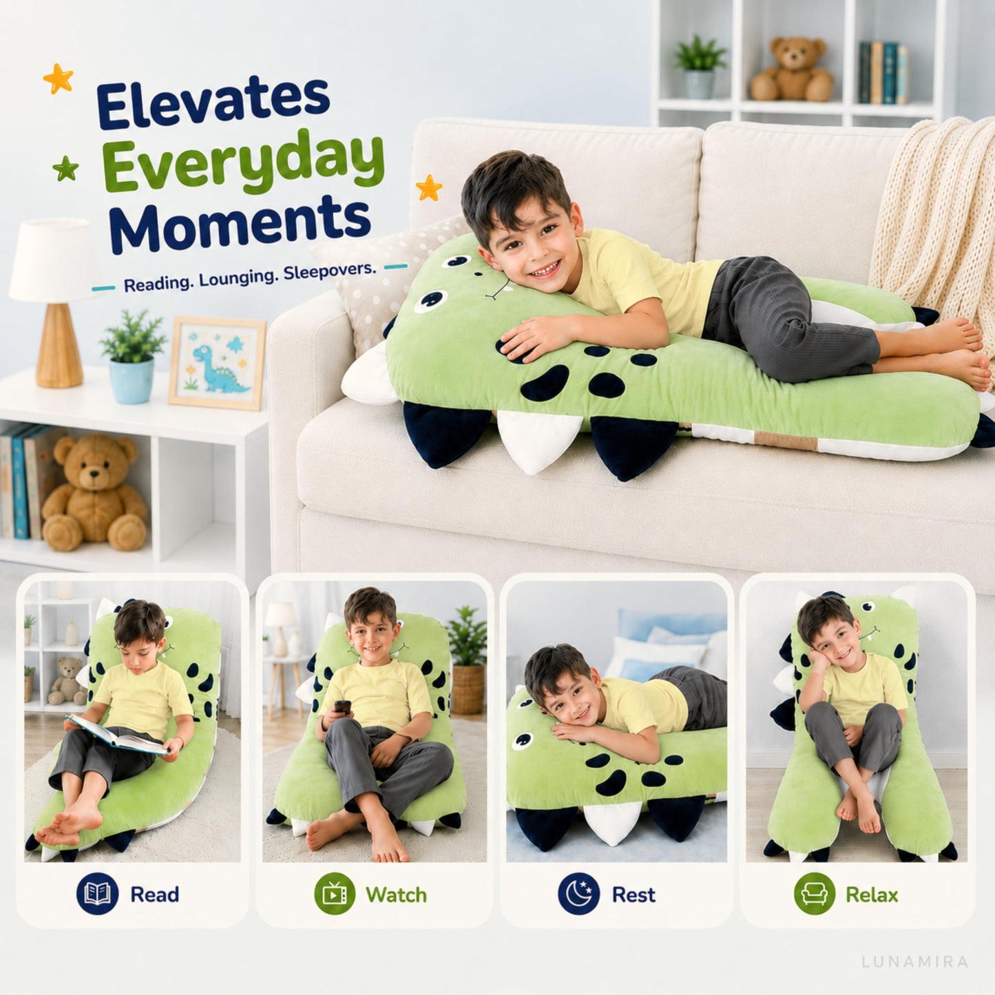 LUNAMIRA Dino Kids Body Pillow - 47" U-Shape Long Plush Soft Animal Pillow for Kids, Sleeping, Reading, ADHD & Special Needs Comfort, Anxiety, Washable Cover, Snuggle Fun Cuddle Gift for Boys & Girls