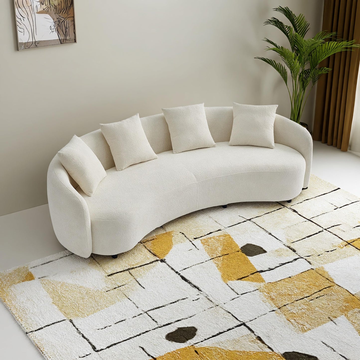 BBTJ0INT Half Moon Sofa, Curved Design Off-White Boucle Upholstered Couch for Modern Living Room, Comfy Chaise Sofa with 2 Throw Pillows
