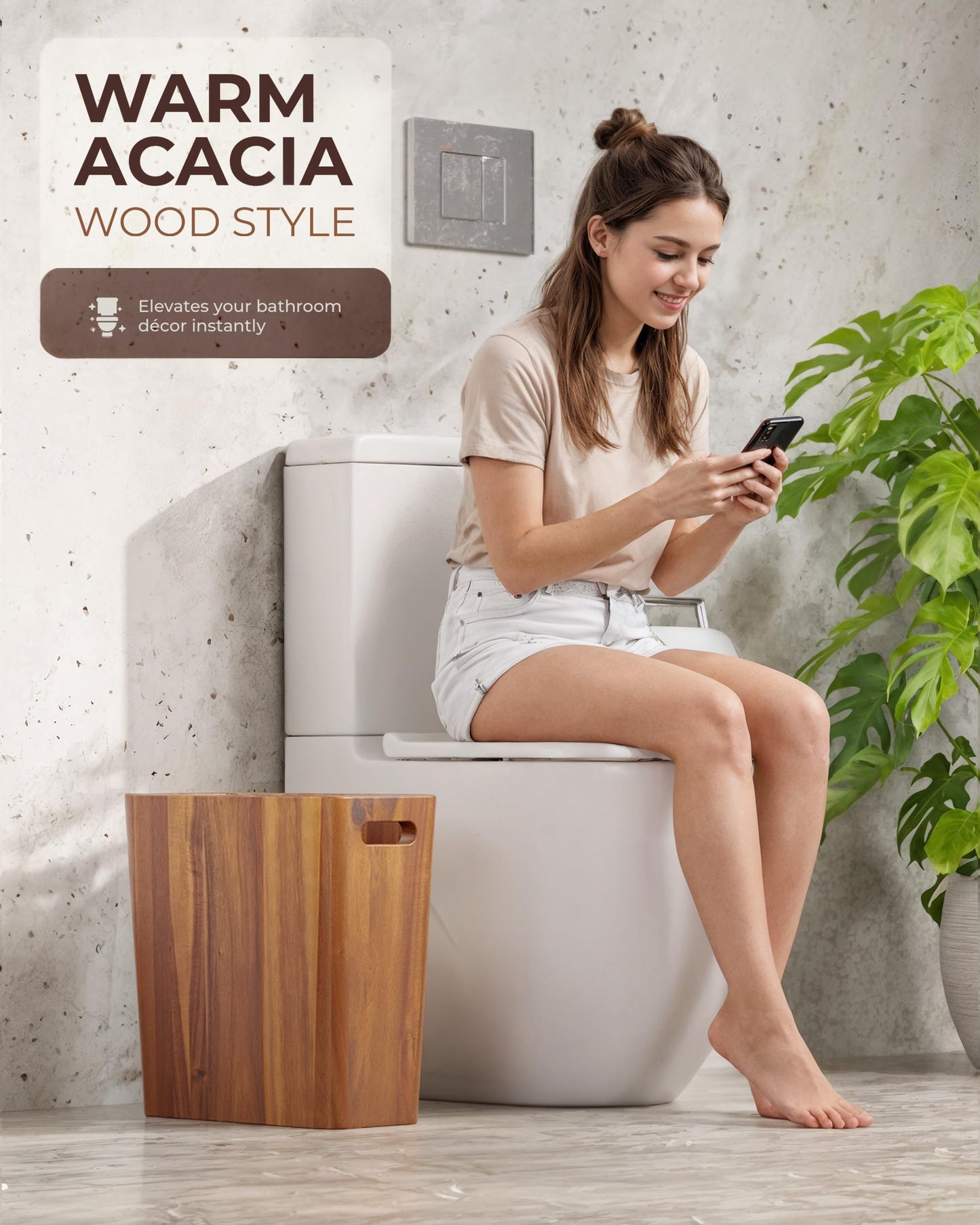 BLUEWEST 2.6 Gallon Acacia Wooden Bathroom Trash Can, Small Wastebasket with Handle, Decorative Wood Bin for Bedroom, Office or Under Counter Use