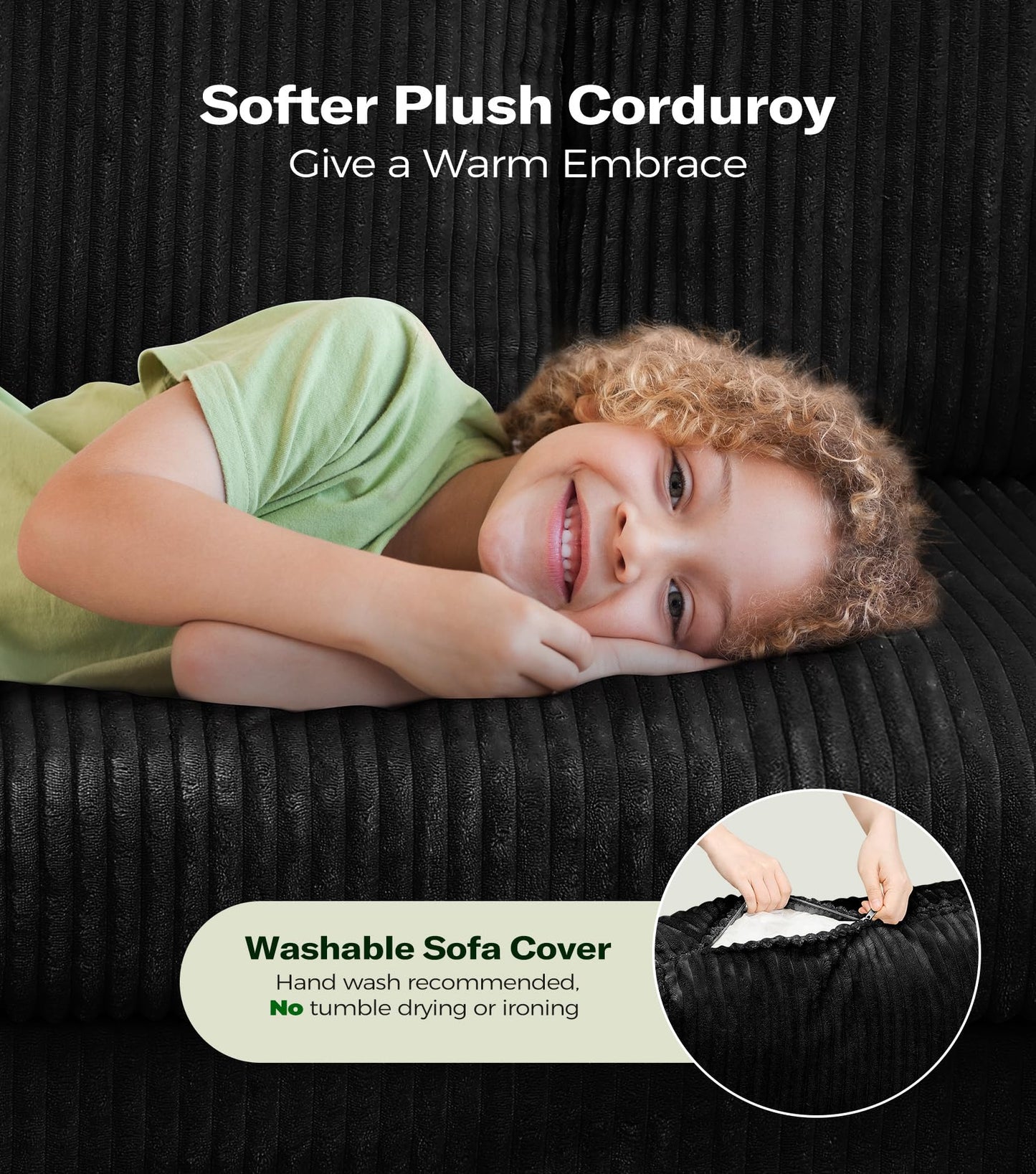 Welzona Plush Corduroy Couch, 101" Comfy Couches for Living Room, Tool-Free Setup Sofas for Living Room 6.3" Extra Wide Armrest, All-Wood Loveseat Sofa Couch for Bedroom/Office, 2 Pillows, Black